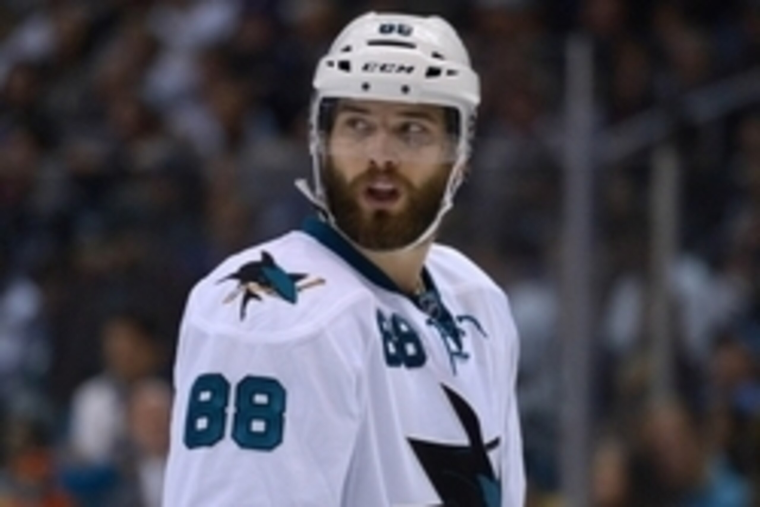 Apr 22, 2014; Los Angeles, CA, USA; San Jose Sharks right wing Brent Burns (88) during game three of the first round of the 2014 Stanley Cup Playoffs against the Los Angeles Kings at Staples Center. Mandatory Credit: Kirby Lee-USA TODAY Sports