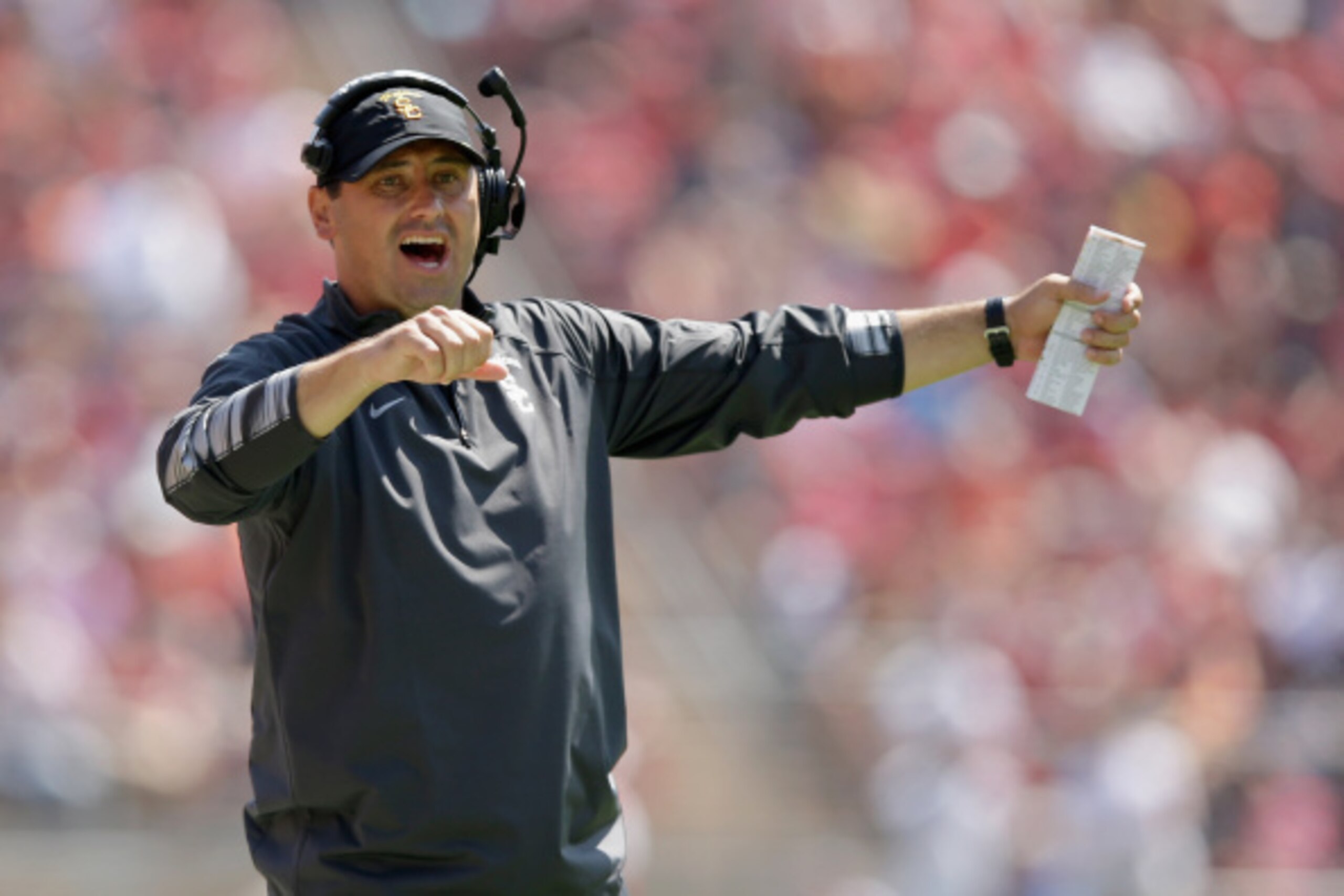 PALO ALTO, CA - SEPTEMBER 06:  USC head coach Steve Sarkisian stands on the sidelines during their game against the Stanford Cardinal at Stanford Stadium on September 6, 2014 in Palo Alto, California.  (Photo by Ezra Shaw/Getty Images)