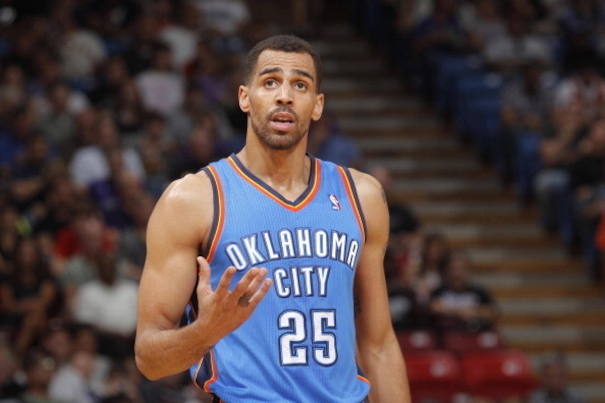 SACRAMENTO, CA - APRIL 8: Thabo Sefolosha #25 of the Oklahoma City Thunder in a game against the Sacramento Kings on April 8, 2014 at Sleep Train Arena in Sacramento, California. NOTE TO USER: User expressly acknowledges and agrees that, by downloading an