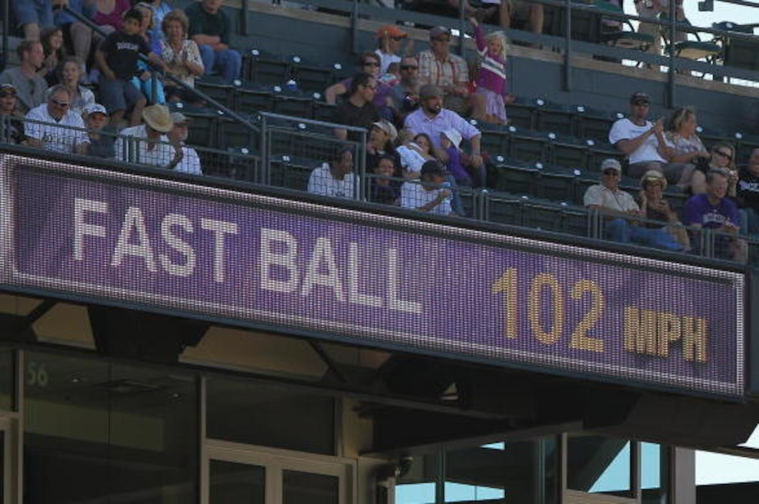 DENVER - SEPTEMBER 06: The scoreboard shows 102 MPH registered on the radar gun on a pitch by relief pitcher Aroldis Chapman #54 of the Cincinnati Reds delivers against the Colorado Rockies at Coors Field on September 6, 2010 in Denver, Colorado. The Roc DENVER - SEPTEMBER 06: The scoreboard shows 102 MPH registered on the radar gun on a pitch by relief pitcher Aroldis Chapman #54 of the Cincinnati Reds delivers against the Colorado Rockies at Coors Field on September 6, 2010 in Denver, Colorado. The Roc