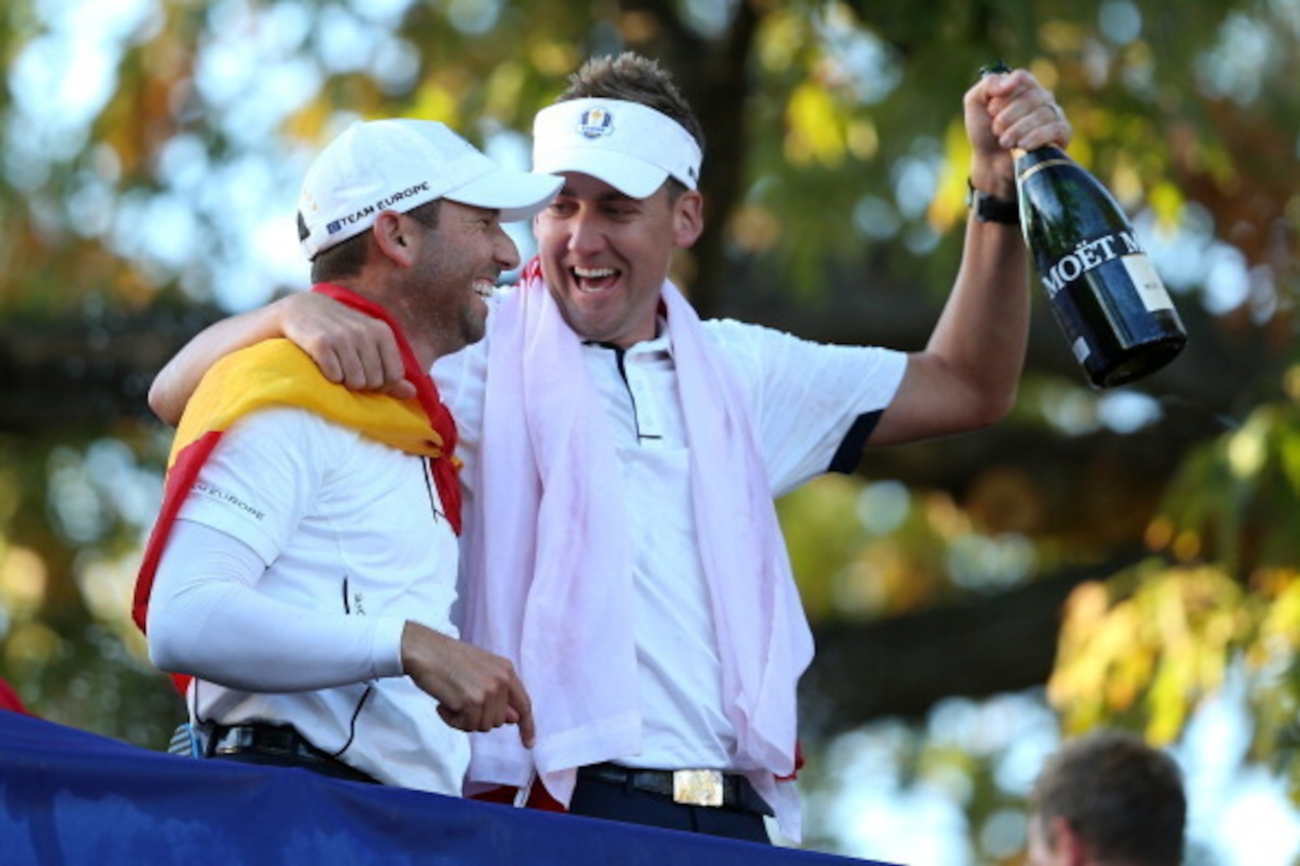 MEDINAH, IL - SEPTEMBER 30: Sergio Garcia (L) and Ian Poulter celebrate after Europe defeated the USA 14.5 to 13.5 to retain the Ryder Cup during the Singles Matches for The 39th Ryder Cup at Medinah Country Club on September 30, 2012 in Medinah, Illinoi MEDINAH, IL - SEPTEMBER 30: Sergio Garcia (L) and Ian Poulter celebrate after Europe defeated the USA 14.5 to 13.5 to retain the Ryder Cup during the Singles Matches for The 39th Ryder Cup at Medinah Country Club on September 30, 2012 in Medinah, Illinoi