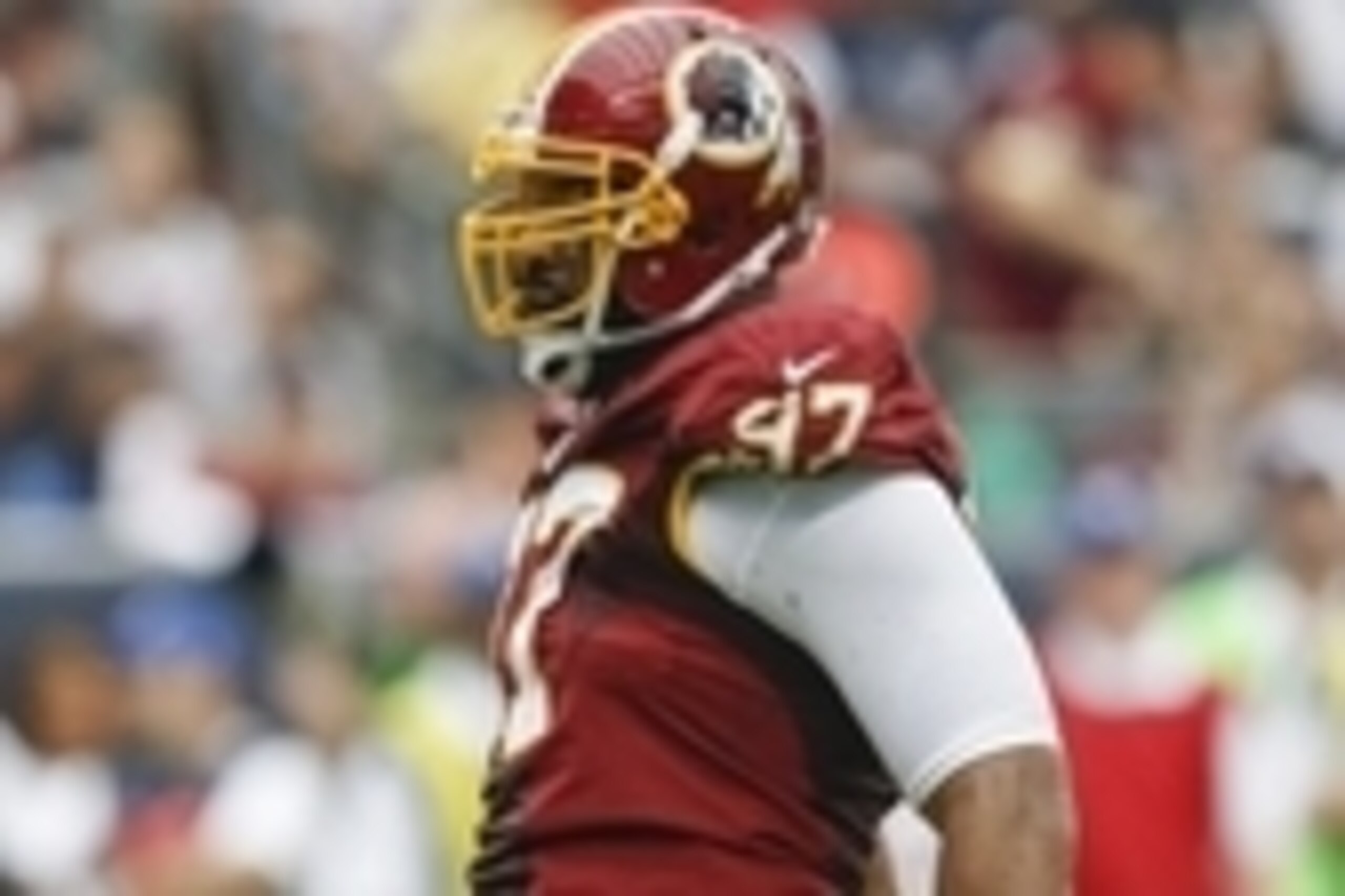 Sep 7, 2014; Houston, TX, USA; Washington Redskins defensive end Jason Hatcher (97) reacts during the game against the Houston Texans at NRG Stadium. Mandatory Credit: Kevin Jairaj-USA TODAY Sports