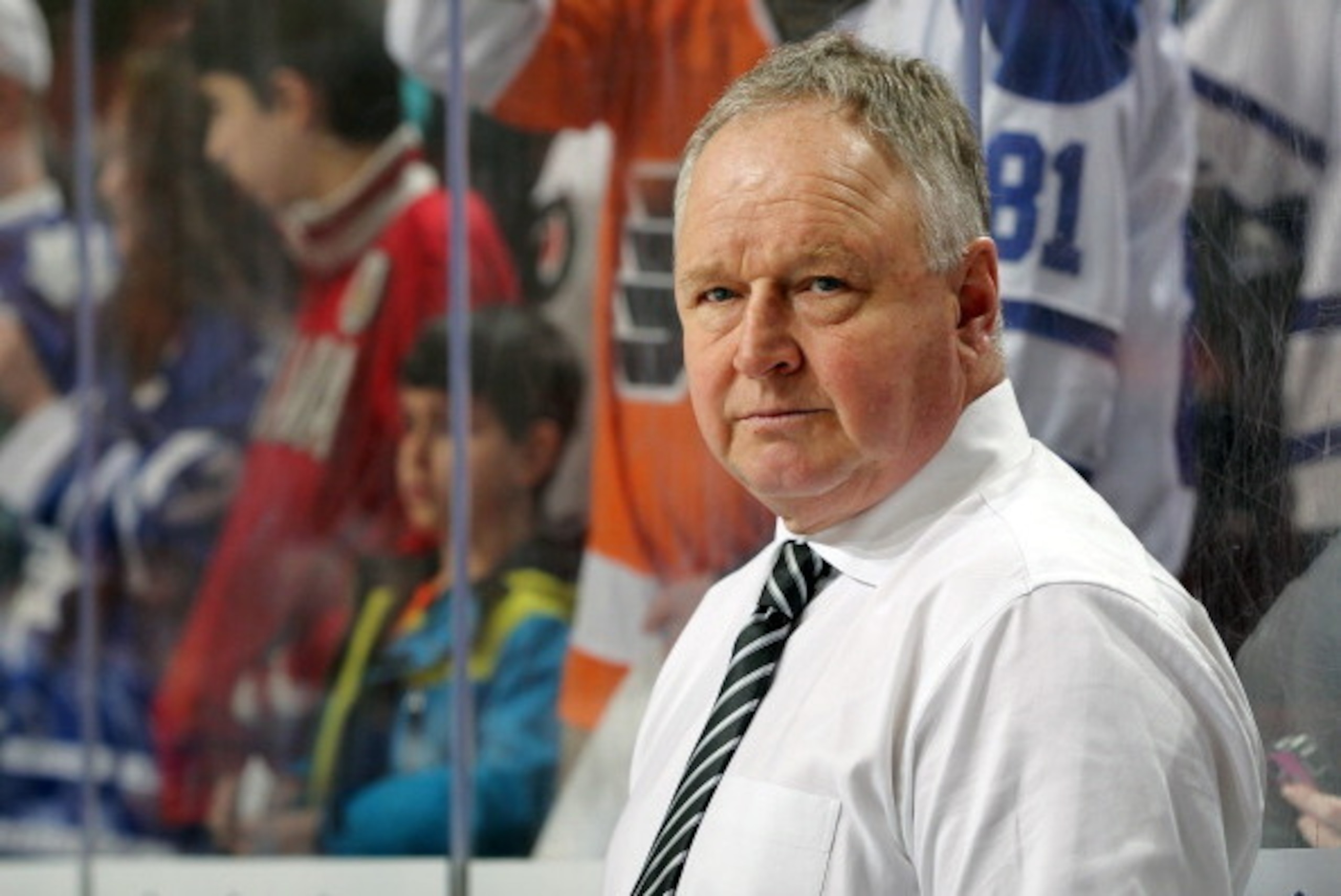 PHILADELPHIA, PA - MARCH 28:  Head Coach Randy Carlyle of the Toronto Maple Leafs looks on during warm-ups prior to his game against the Philadelphia Flyers on March 28, 2014 at the Wells Fargo Center in Philadelphia, Pennsylvania.  (Photo by Len Redkoles