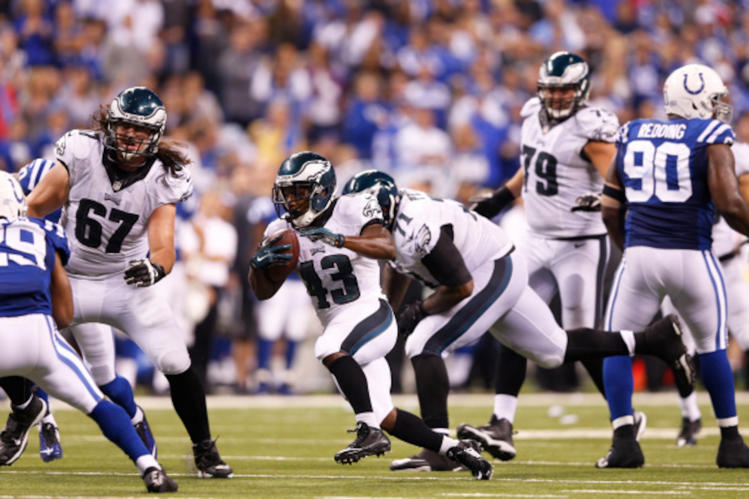 INDIANAPOLIS, IN - SEPTEMBER 15: Darren Sproles #43 of the Philadelphia Eagles runs downfield for a 51-yard gain on a reception in the fourth quarter of the game against the Indianapolis Colts at Lucas Oil Stadium on September 15, 2014 in Indianapolis, In