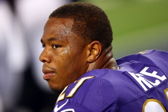 ARLINGTON, TX - AUGUST 16:  Ray Rice #27 of the Baltimore Ravens sits on the bench against the Dallas Cowboys in the first half of their preseason game at AT&T Stadium on August 16, 2014 in Arlington, Texas.  (Photo by Ronald Martinez/Getty Images)