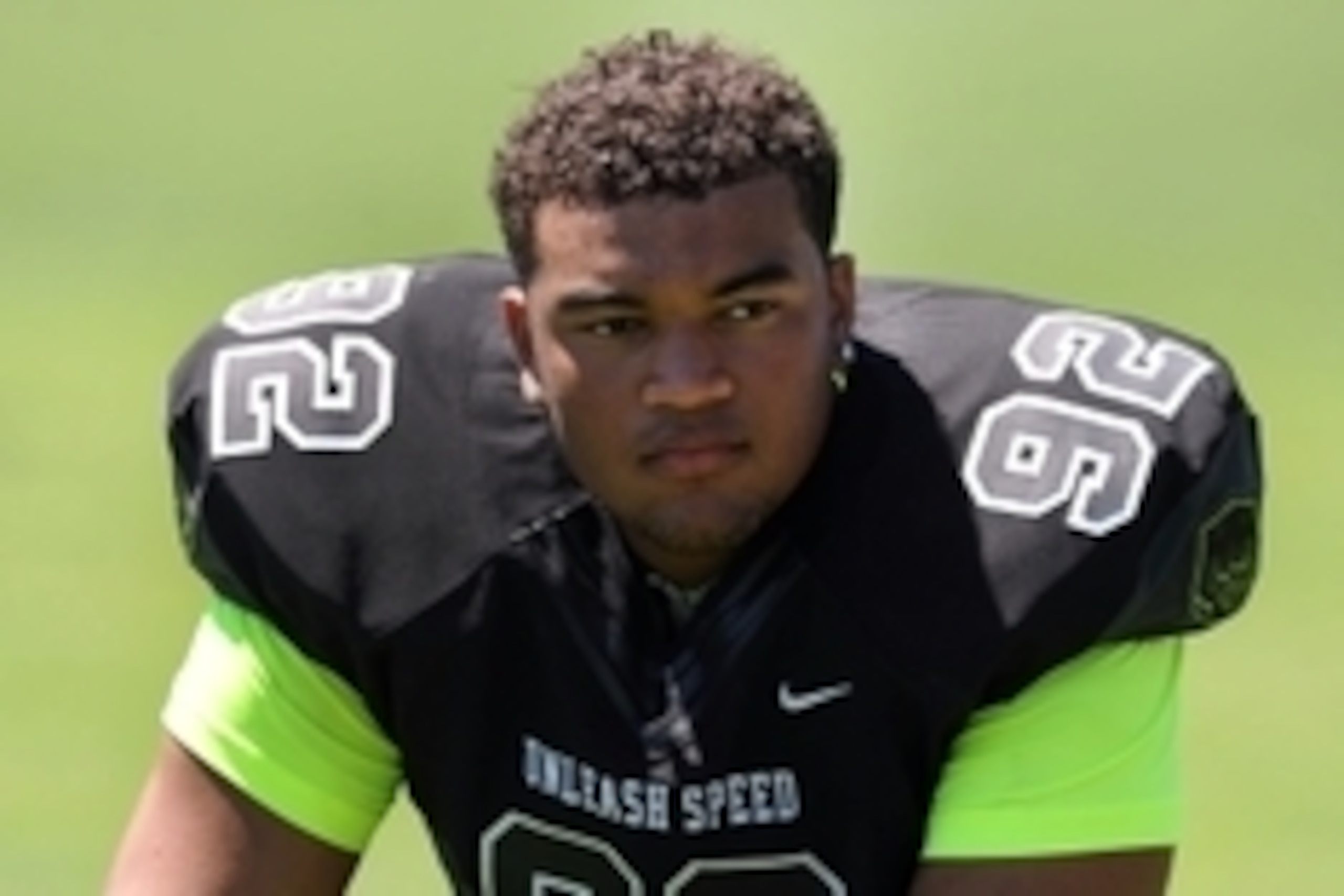 Jul 3, 2013; Beaverton, OR, USA; Defensive lineman Derek Barnett (92) looks on during the Lineman Challenge session of the 'The Opening' at Nike World Headquarters. Mandatory Credit: Steve Dykes-USA TODAY Sports