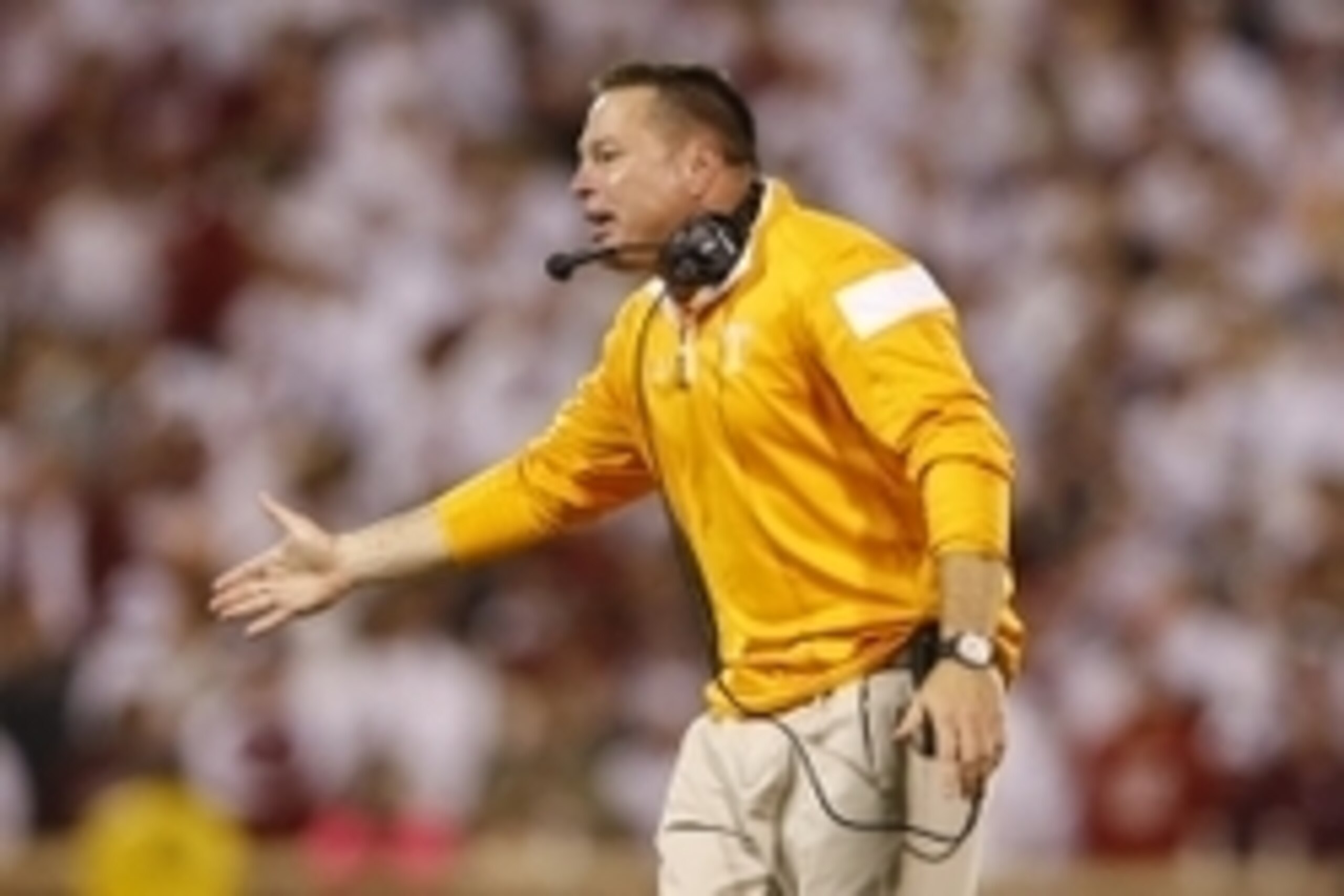 Sep 13, 2014; Norman, OK, USA; Tennessee Volunteers head coach Butch Jones reacts during the game against the Oklahoma Sooners at Gaylord Family - Oklahoma Memorial Stadium. Mandatory Credit: Kevin Jairaj-USA TODAY Sports