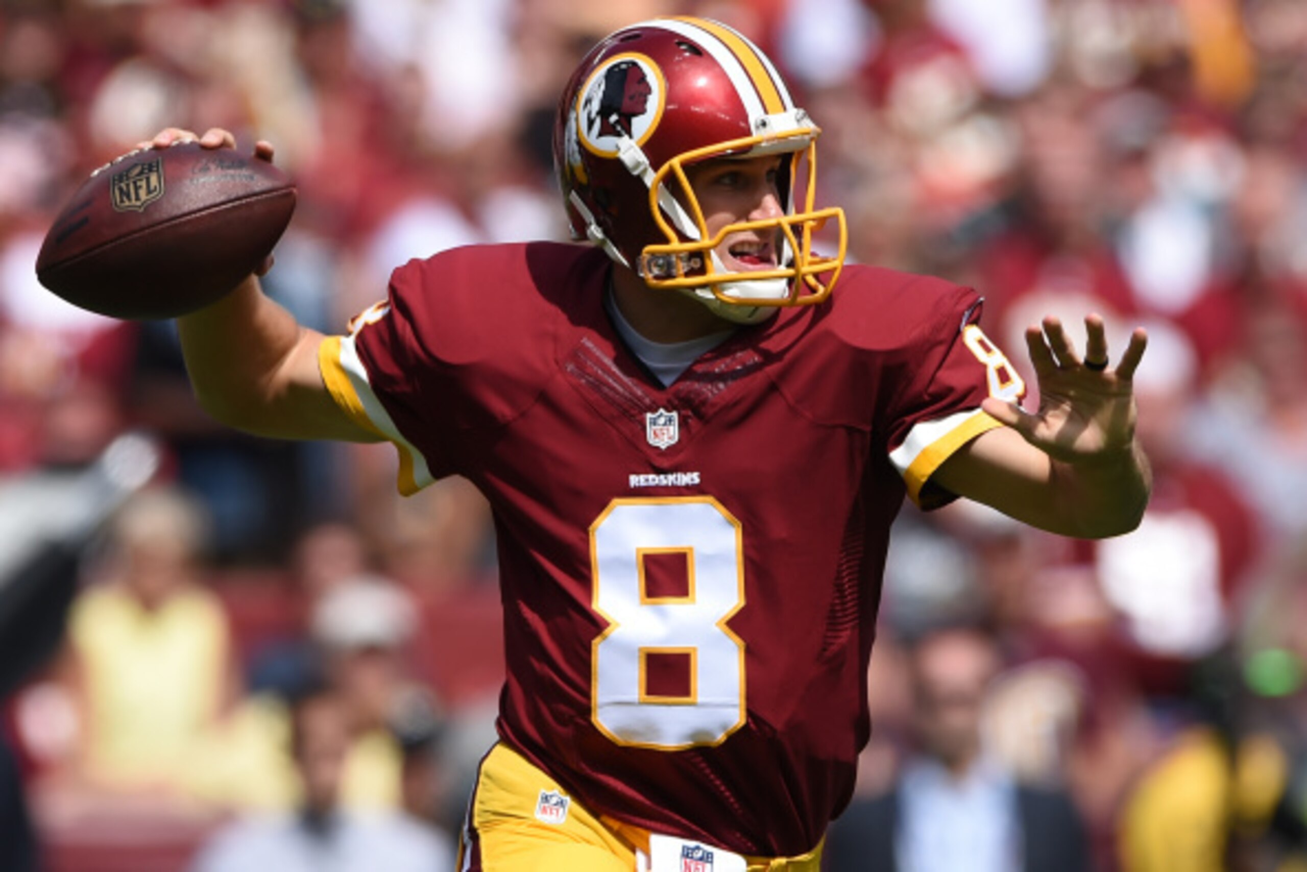 LANDOVER, MD - SEPTEMBER 14: Quarterback Kirk Cousins #8 of the Washington Redskins in action against the Jacksonville Jaguars at FedExField on September 14, 2014 in Landover, Maryland. The Washington Redskins won, 41-10. (Photo by Patrick Smith/Getty Ima