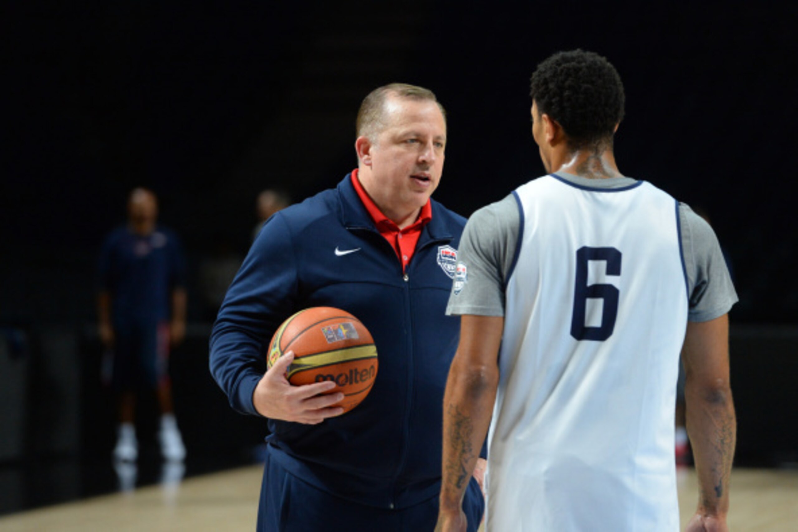 MADRID, SPAIN - SEPTEMBER 13: Assistant Coach Tom Thibodeau talks to Derrick Rose of the USA National Team during practice at Palacio de Deportes on September 13, 2014 in Madrid, Spain.  NOTE TO USER: User expressly acknowledges and agrees that, by downlo