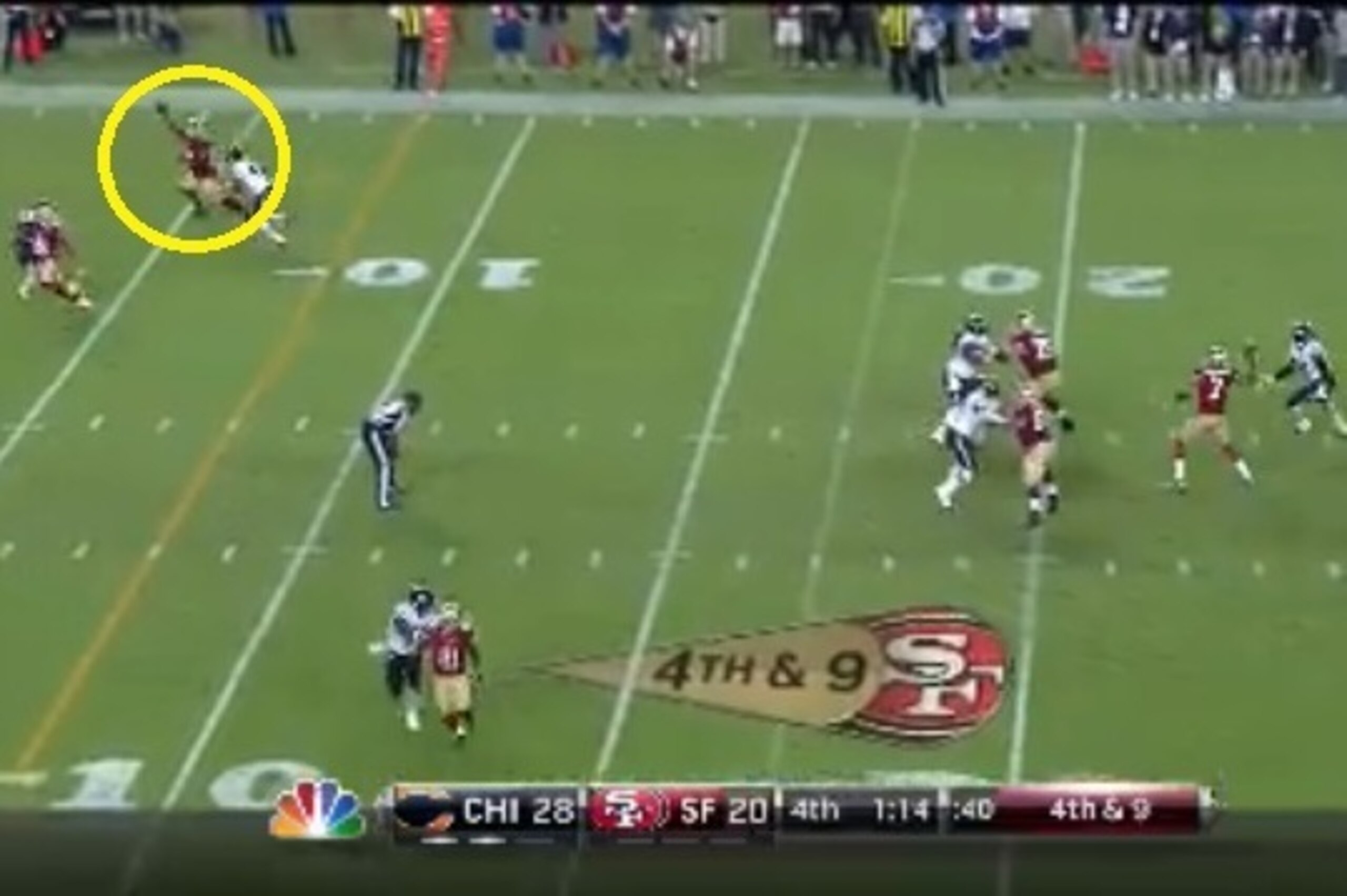Boldin signifies that he is open, but Kaepernick forces a pass to Crabtree in the middle of the field.