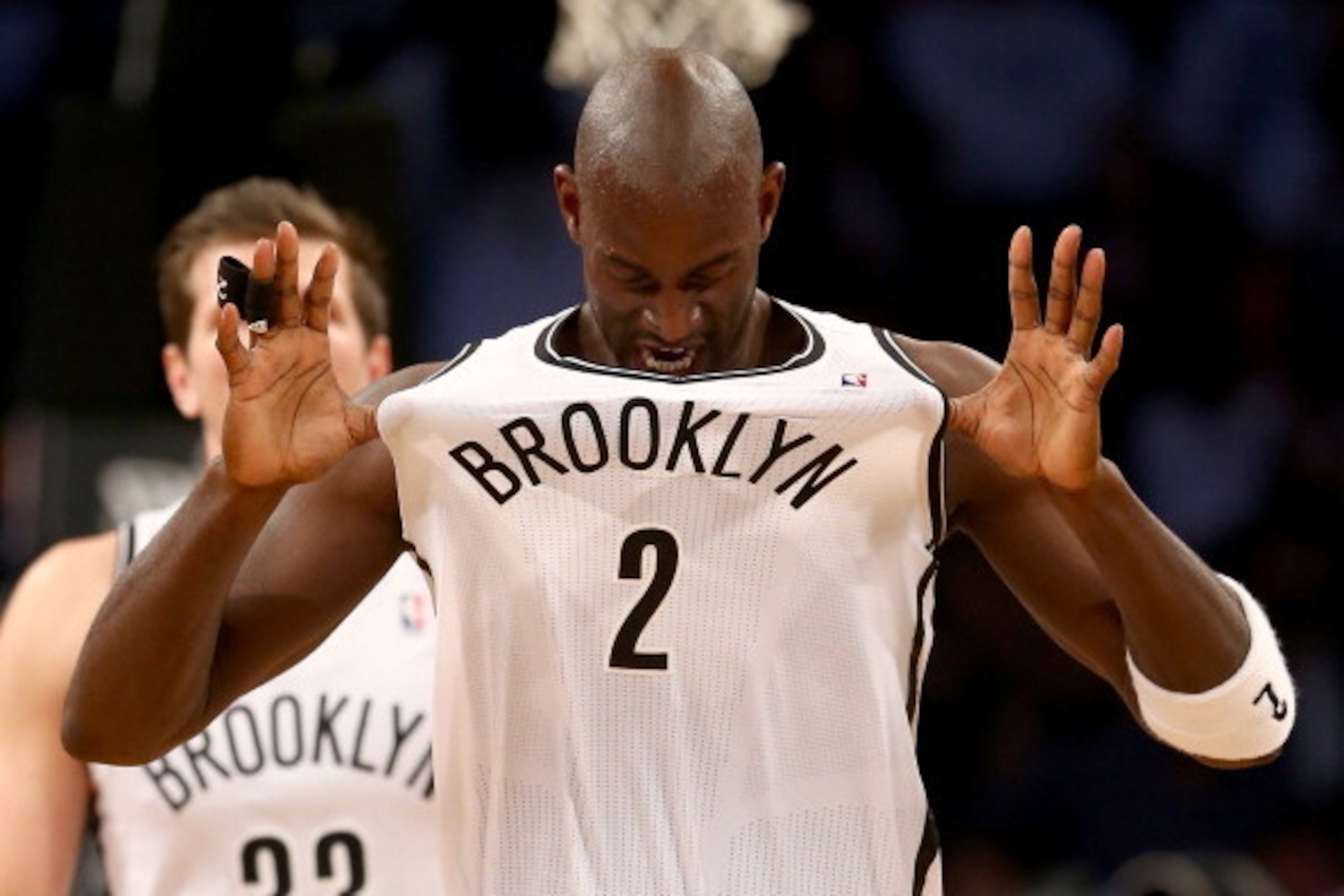 NEW YORK, NY - MAY 02:  Kevin Garnett #2 of the Brooklyn Nets celebrates in the second half against the Toronto Raptors in Game Six of the Eastern Conference Quarterfinals during the 2014 NBA Playoffs at the Barclays Center on May 2, 2014 in the Brooklyn 