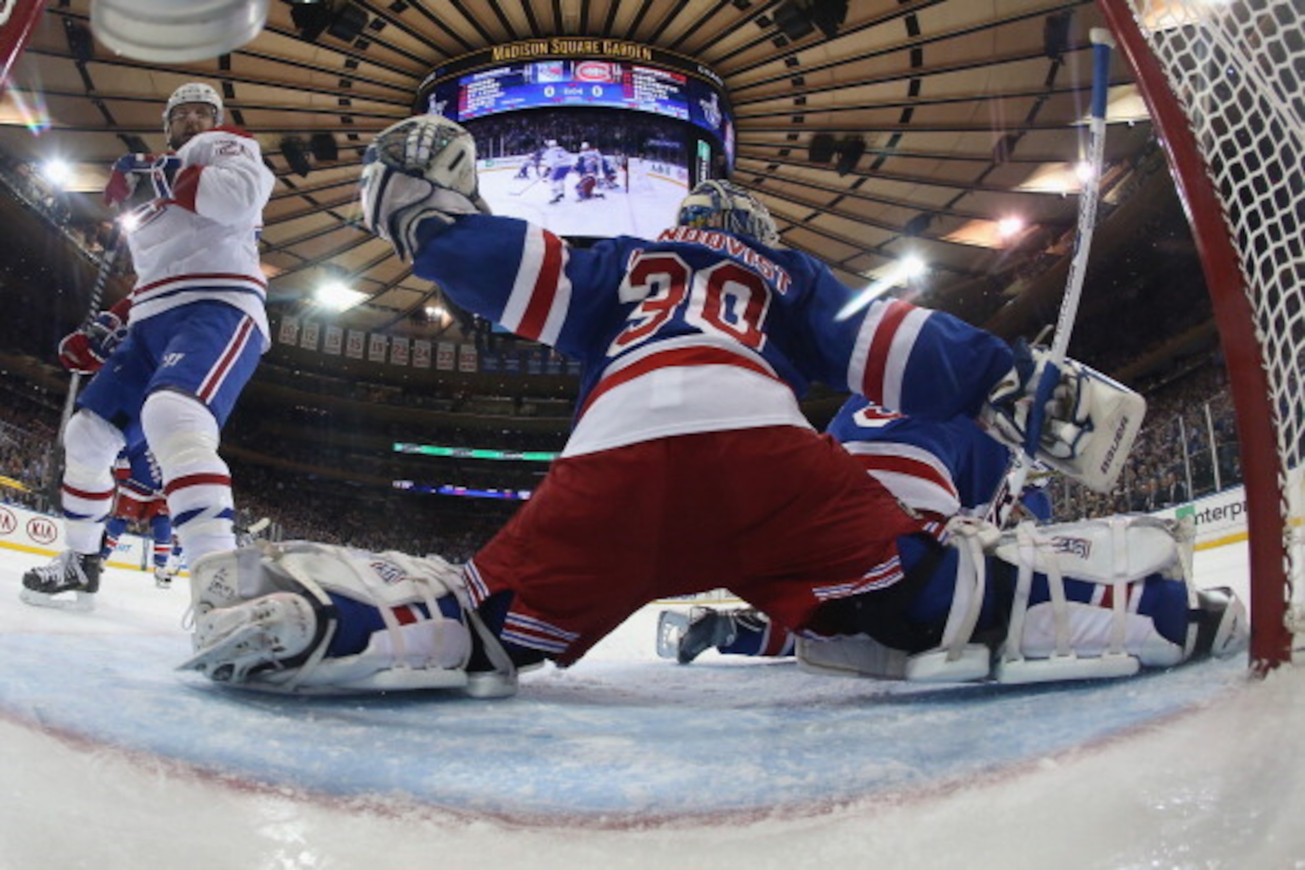 NEW YORK, NY - MAY 29:  Henrik Lundqvist #30 of the New York Rangers defends the net against the Montreal Canadiens during Game Six of the Eastern Conference Final in the 2014 NHL Stanley Cup Playoffs at Madison Square Garden on May 29, 2014 in New York C