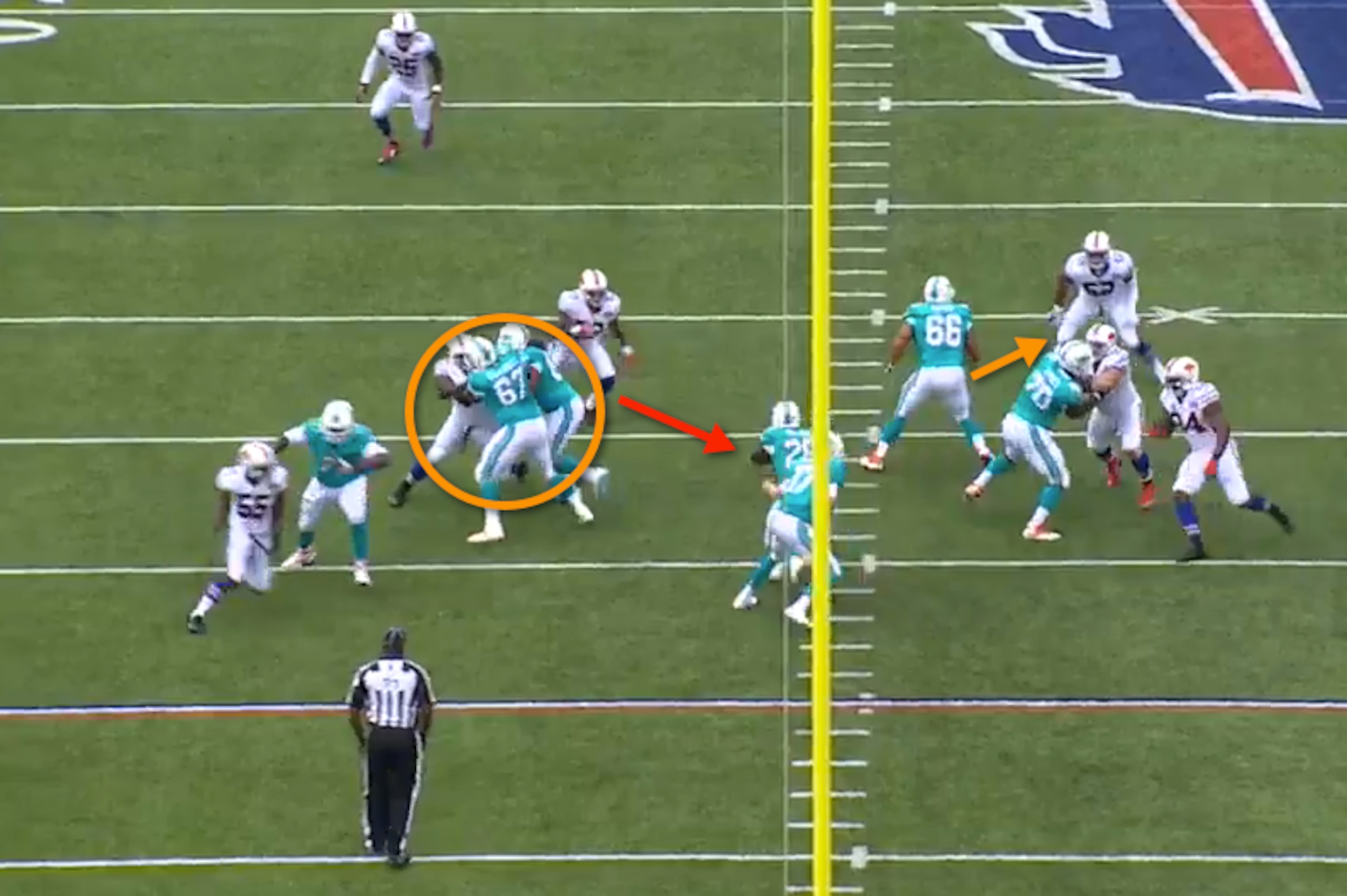 Center Samson Satele overlooks the blitzing linebacker for no reason.