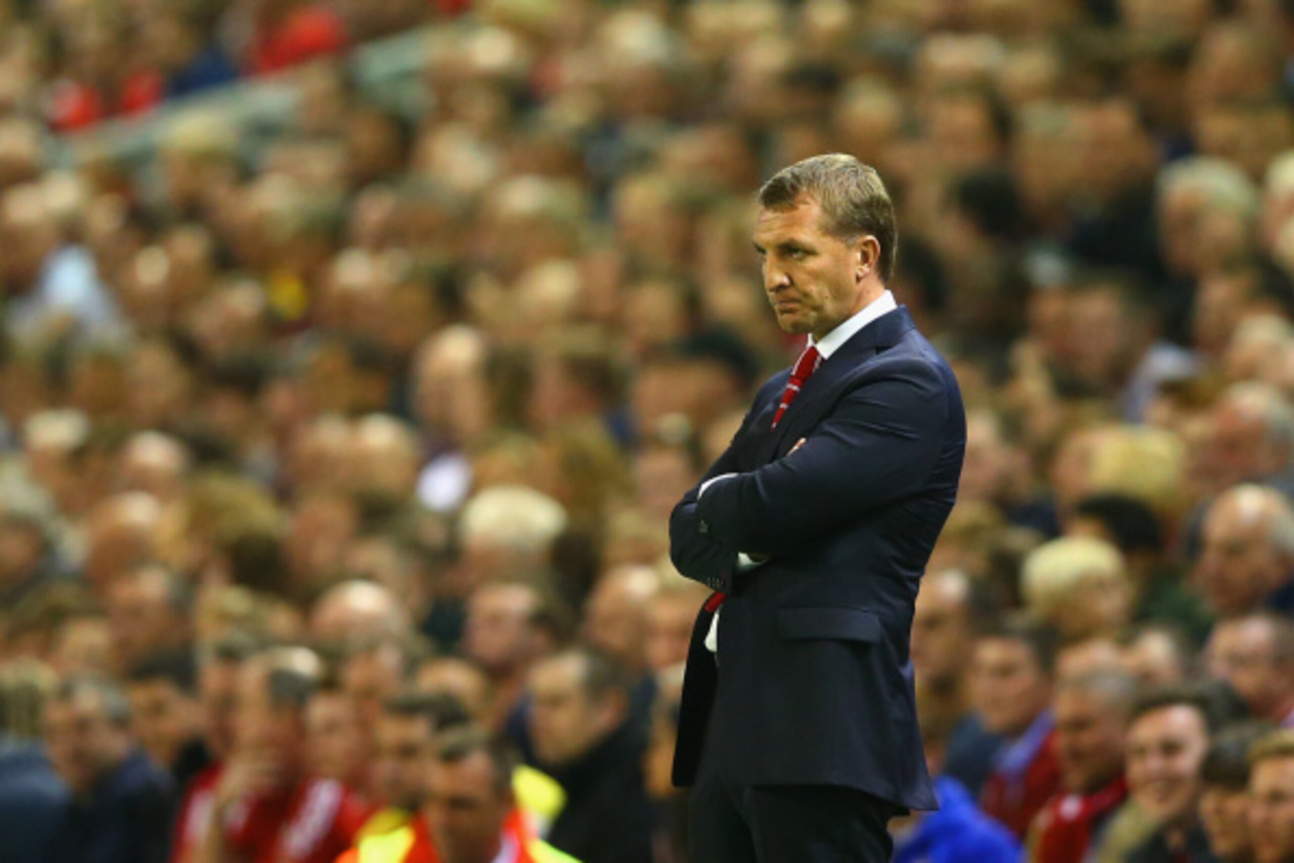LIVERPOOL, ENGLAND - SEPTEMBER 16:  Brendan Rodgers, manager of Liverpool looks on during the UEFA Champions League Group B match between Liverpool FC and PFC Ludogorets Razgrad at Anfield on September 16, 2014 in Liverpool, United Kingdom.  (Photo by Cli