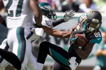 PHILADELPHIA, PA - SEPTEMBER 7: Wide receiver Allen Hurns #88 of the Jacksonville Jaguars catches a touchdown pass in the first quarter against the Philadelphia Eagles on September 7, 2014 at Lincoln Financial Field in Philadelphia, Pennsylvania. (Photo b
