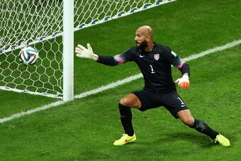 SALVADOR, BRAZIL - JULY 01:  Tim Howard of the United States in action during the 2014 FIFA World Cup Brazil Round of 16 match between Belgium and the United States at Arena Fonte Nova on July 1, 2014 in Salvador, Brazil.  (Photo by Robert Cianflone/Getty