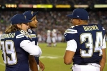 Aug 28, 2014; San Diego, CA, USA; San Diego Chargers running back Donald Brown (34) talks with running back Danny Woodhead (39) and running back Ryan Mathews (24) on the sideline against the Arizona Cardinals during the third quarter at Qualcomm Stadium. 