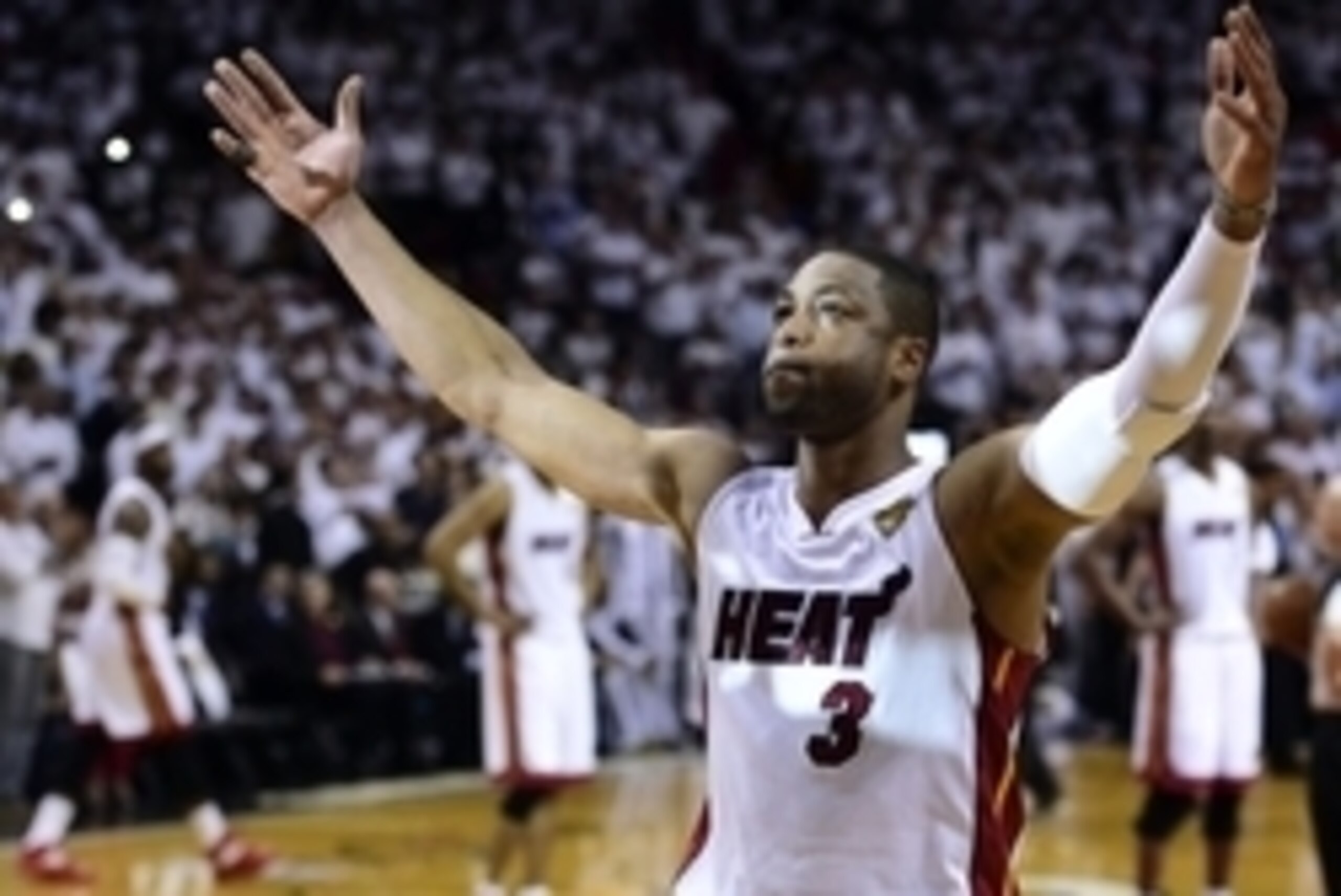 Jun 12, 2014; Miami, FL, USA; Miami Heat guard Dwyane Wade (3) reacts prior to game four of the 2014 NBA Finals against the San Antonio Spurs at American Airlines Arena. Mandatory Credit: Bob Donnan-USA TODAY Sports