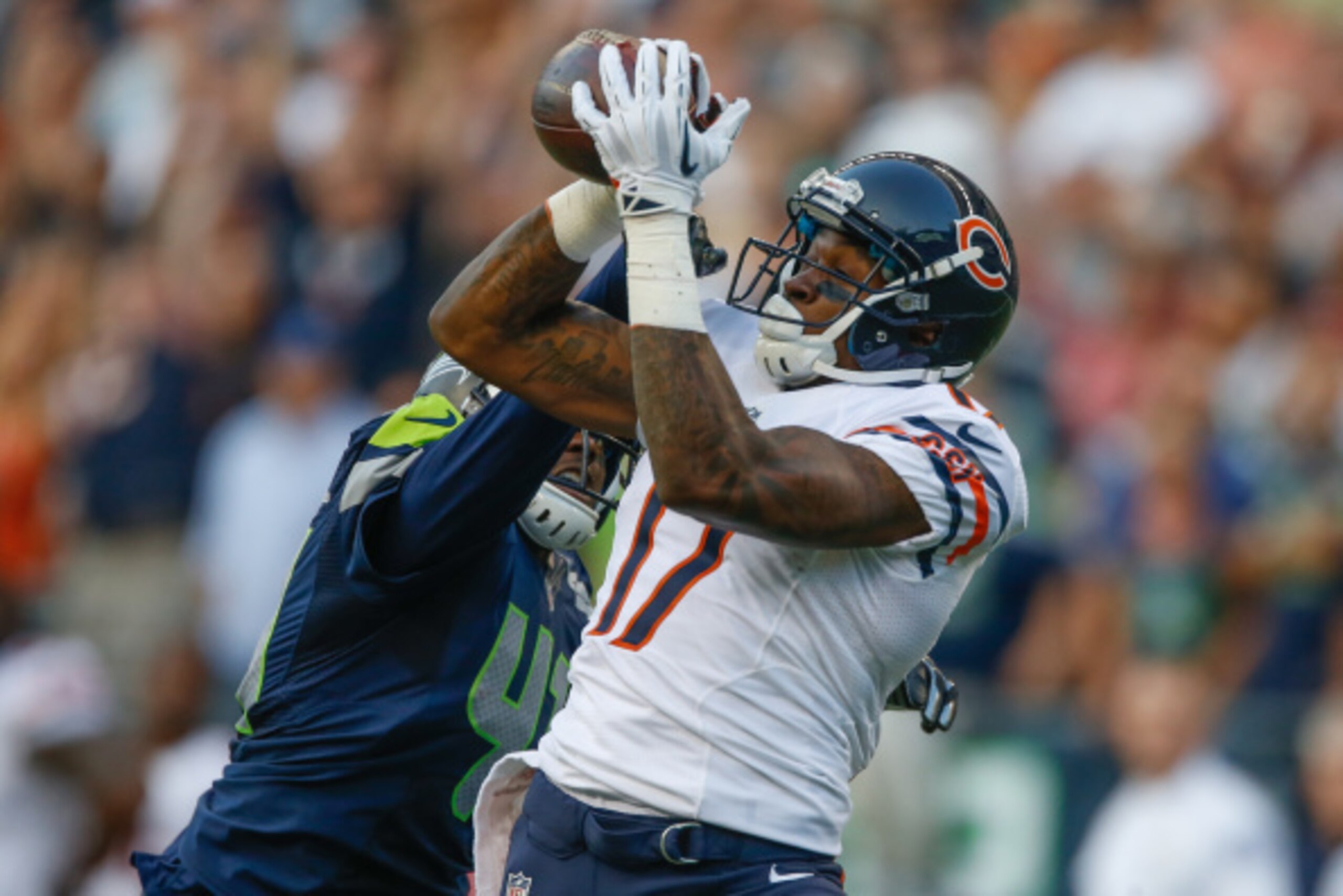 SEATTLE, WA - AUGUST 22:  Wide receiver Alshon Jeffery #17 of the Chicago Bears has this pass batted away by defensive back Byron Maxwell #41 of the Seattle Seahawks at CenturyLink Field on August 22, 2014 in Seattle, Washington.  (Photo by Otto Greule Jr