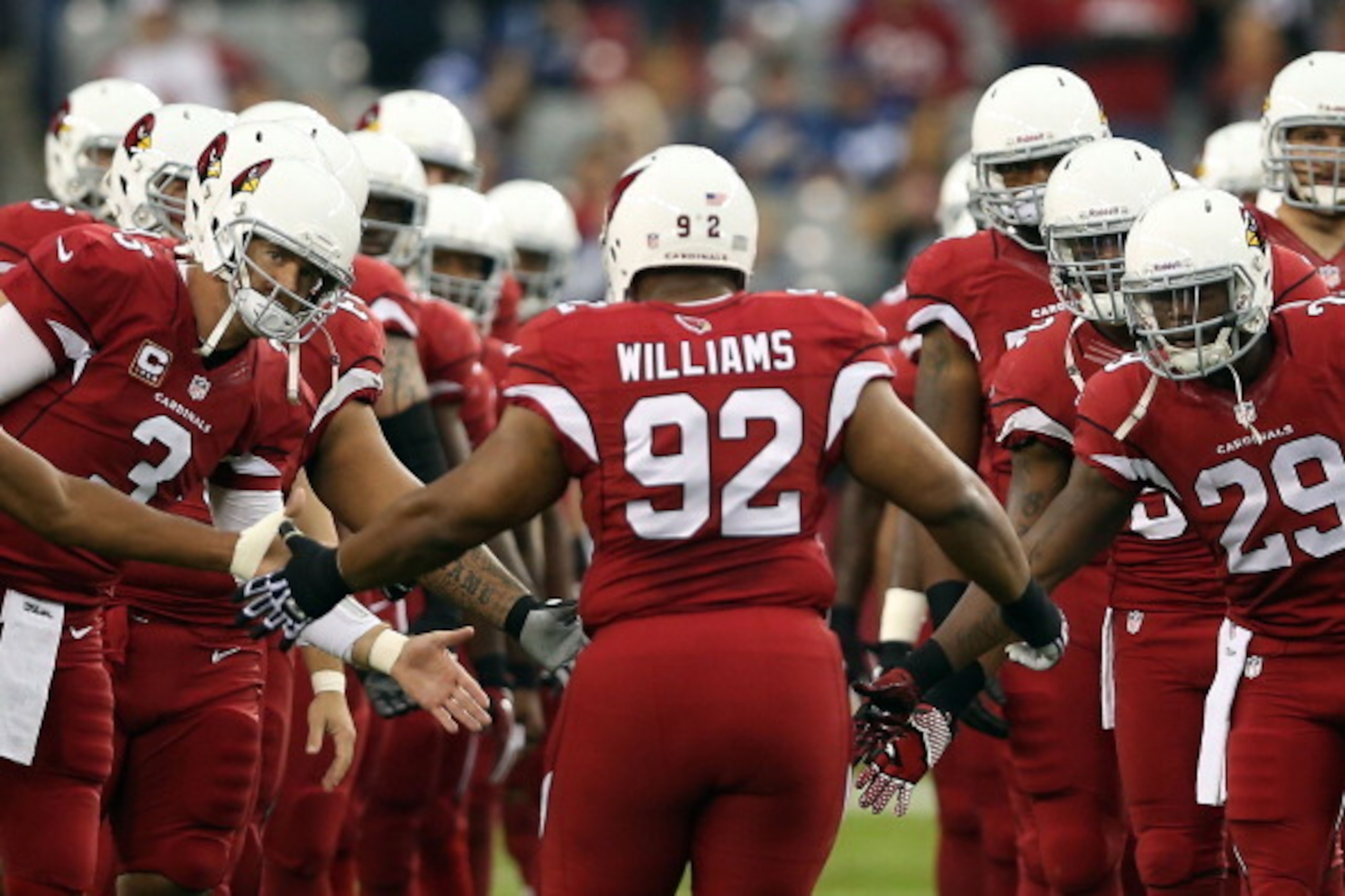 GLENDALE, AZ - NOVEMBER 24:  Quarterback Carson Palmer #3 and running back Alfonso Smith #29 of the Arizona Cardinals high five nose tackle Dan Williams #92 as he is introduced to the NFL game against the Indianapolis Colts at the University of Phoenix St