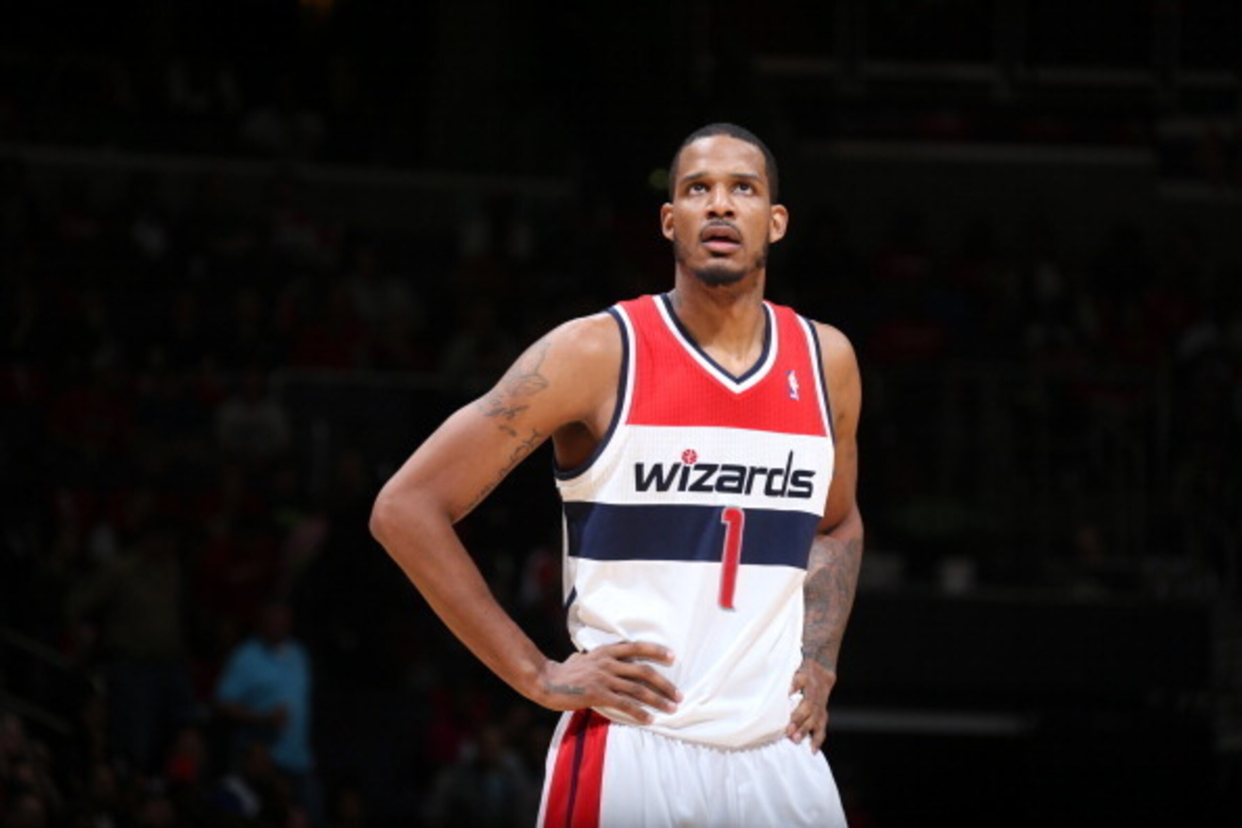 WASHINGTON, DC - APRIL 27:   Trevor Ariza #1 of the Washington Wizards stands on the court against the Chicago Bulls Game Four of the Eastern Conference Quarterfinals on April 27, 2014 at Verizon Center in Washington, DC.  NOTE TO USER: User expressly ack