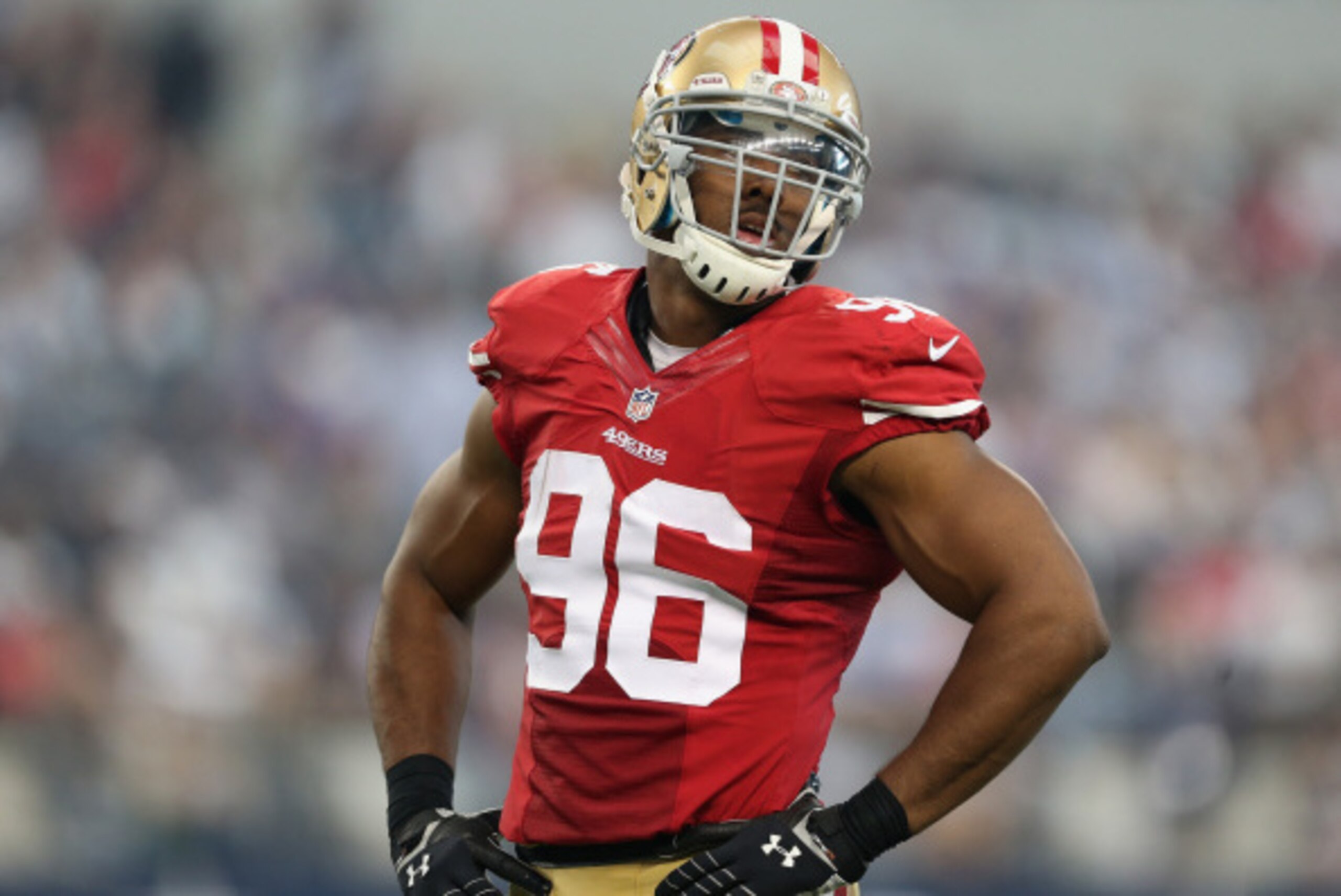 ARLINGTON, TX - SEPTEMBER 07:  Linebacker Corey Lemonier #96 of the San Francisco 49ers during the NFL game against the Dallas Cowboys at AT&T Stadium on September 7, 2014 in Arlington, Texas. The 49ers defeated the Cowboys 28-17.  (Photo by Christian Pet