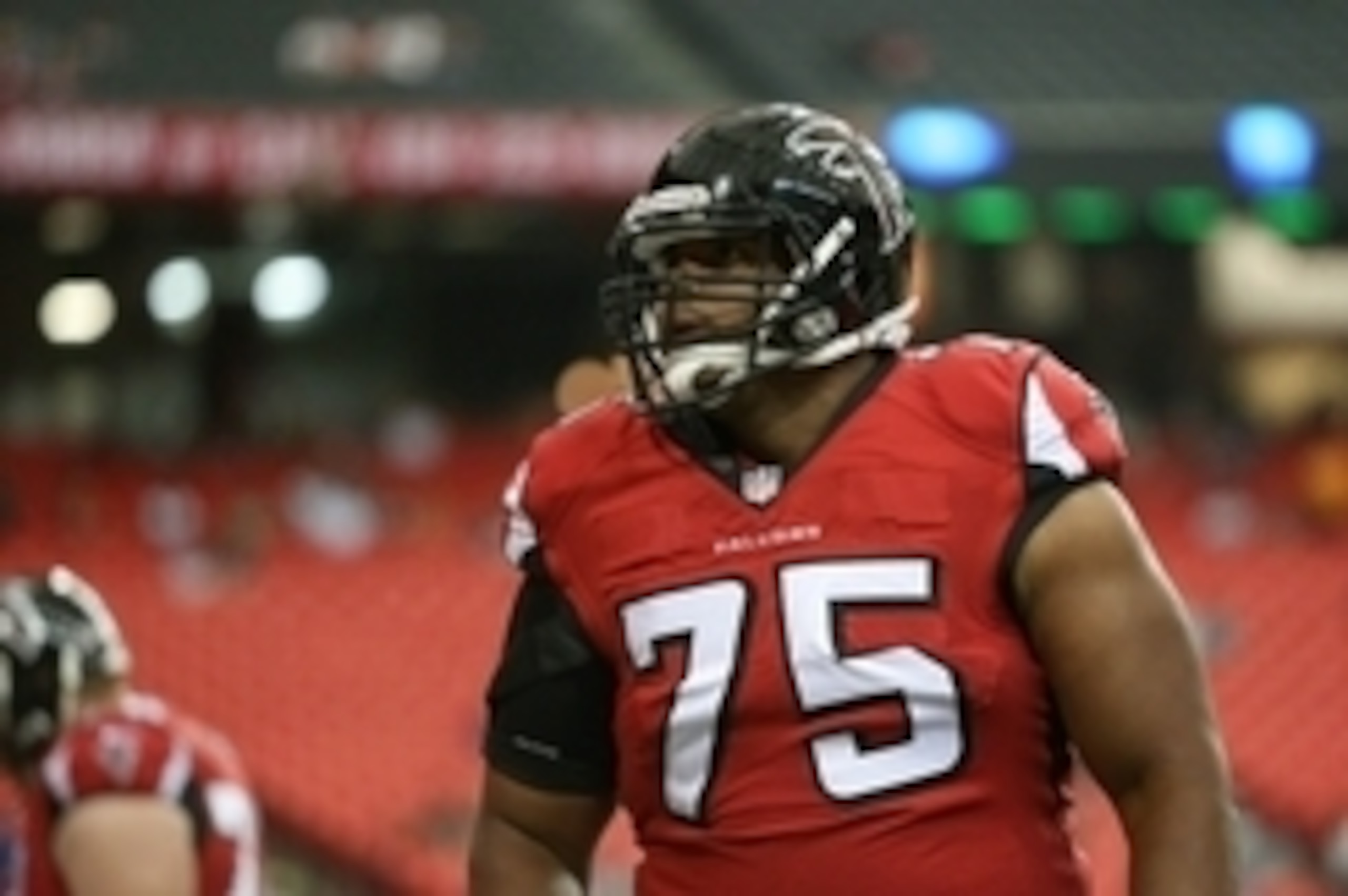 Aug 8, 2014; Atlanta, GA, USA; Atlanta Falcons guard Jon Asamoah (75) is shown before their game against the Miami Dolphins at the Georgia Dome. The Falcons won 16-10. Mandatory Credit: Jason Getz-USA TODAY Sports