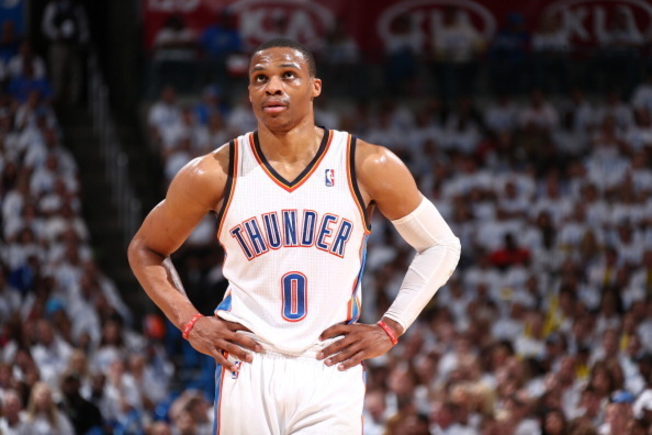 OKLAHOMA CITY, OK - May 31: Russell Westbrook #0 of the Oklahoma City Thunder looks on against the San Antonio Spurs in Game 6 of the Western Conference Finals during the 2014 NBA Playoffs at the Chesapeake Arena on May 31, 2014 in Oklahoma City, Oklahoma
