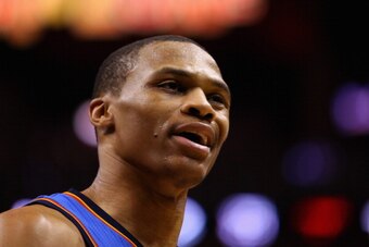 SAN ANTONIO, TX - MAY 29: Russell Westbrook #0 of the Oklahoma City Thunder reacts to a call in the second quarter against the San Antonio Spurs during Game Five of the Western Conference Finals of the 2014 NBA Playoffs at AT&T Center on May 29, 2014 in S