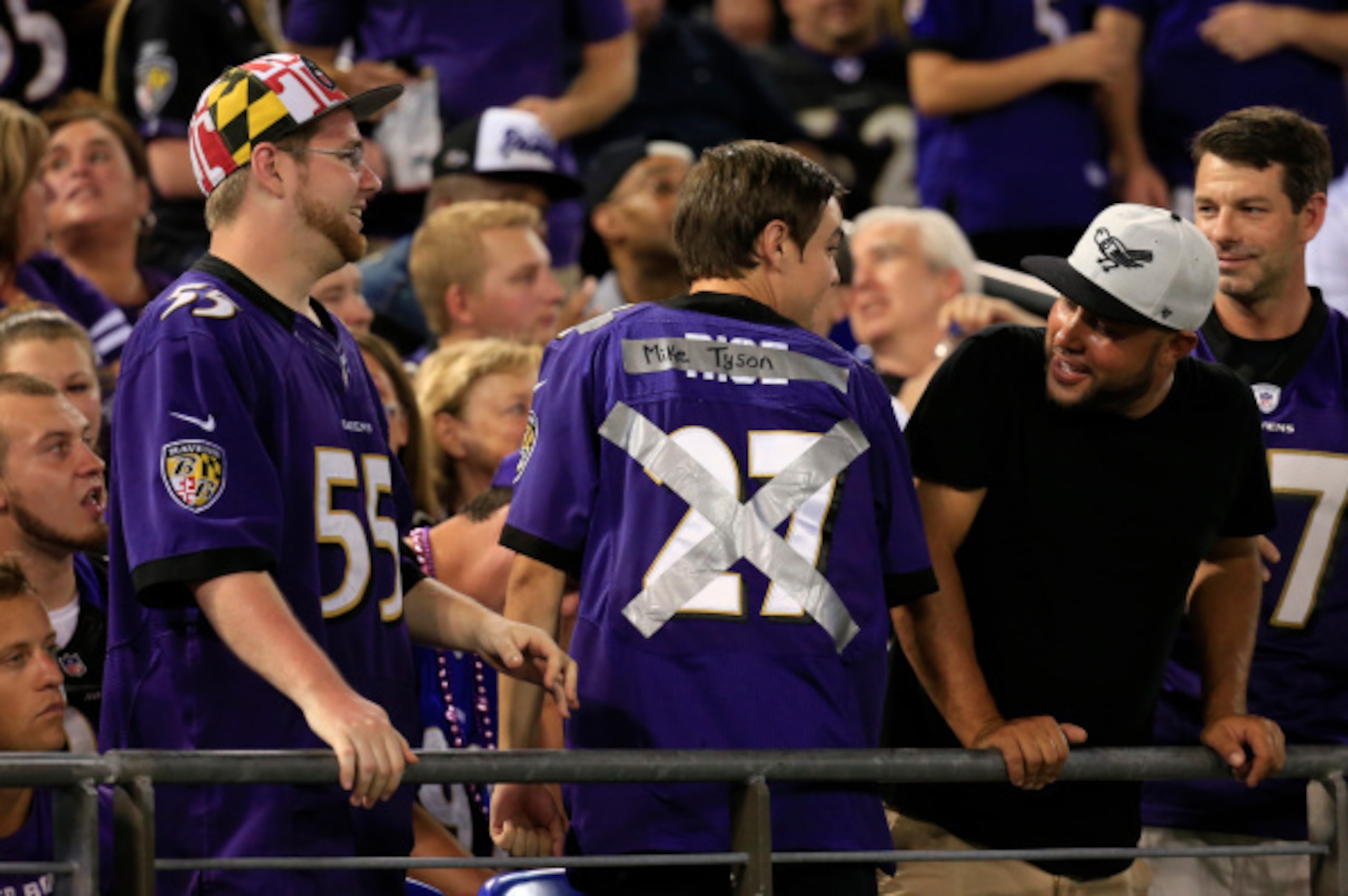 BALTIMORE, MD - SEPTEMBER 11: A Baltimore Ravens fan tapes over his Ray Rice jersey with the words 'Mike Tyson' during the game against the Pittsburgh Steelers at M&T Bank Stadium on September 11, 2014 in Baltimore, Maryland. (Photo by Rob Carr/Getty Imag BALTIMORE, MD - SEPTEMBER 11: A Baltimore Ravens fan tapes over his Ray Rice jersey with the words 'Mike Tyson' during the game against the Pittsburgh Steelers at M&T Bank Stadium on September 11, 2014 in Baltimore, Maryland. (Photo by Rob Carr/Getty Imag