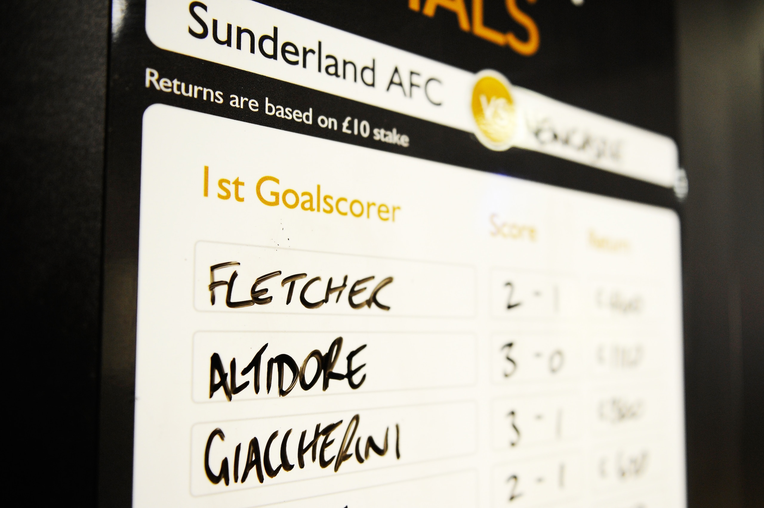 A board at Sunderland displays odds for combined result and first goalscorer bets