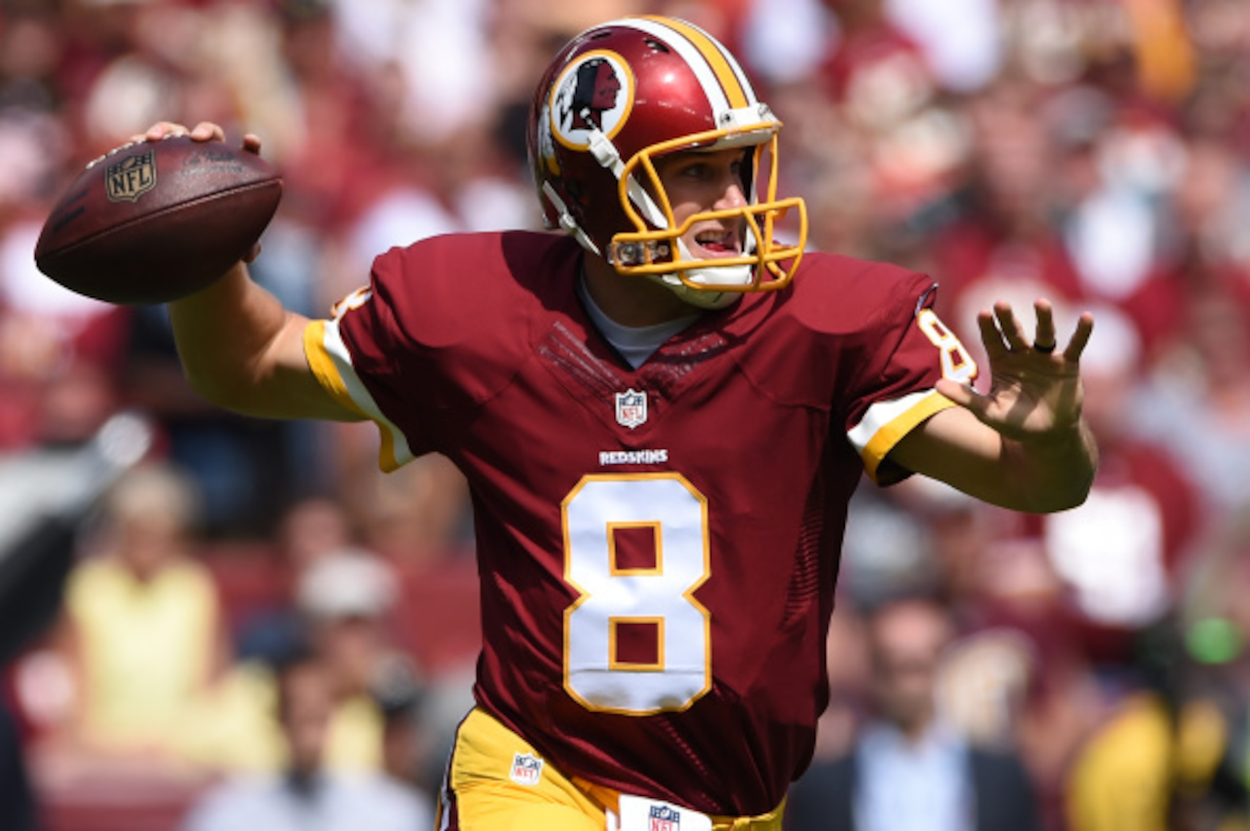 LANDOVER, MD - SEPTEMBER 14: Quarterback Kirk Cousins #8 of the Washington Redskins in action against the Jacksonville Jaguars at FedExField on September 14, 2014 in Landover, Maryland. The Washington Redskins won, 41-10. (Photo by Patrick Smith/Getty Ima