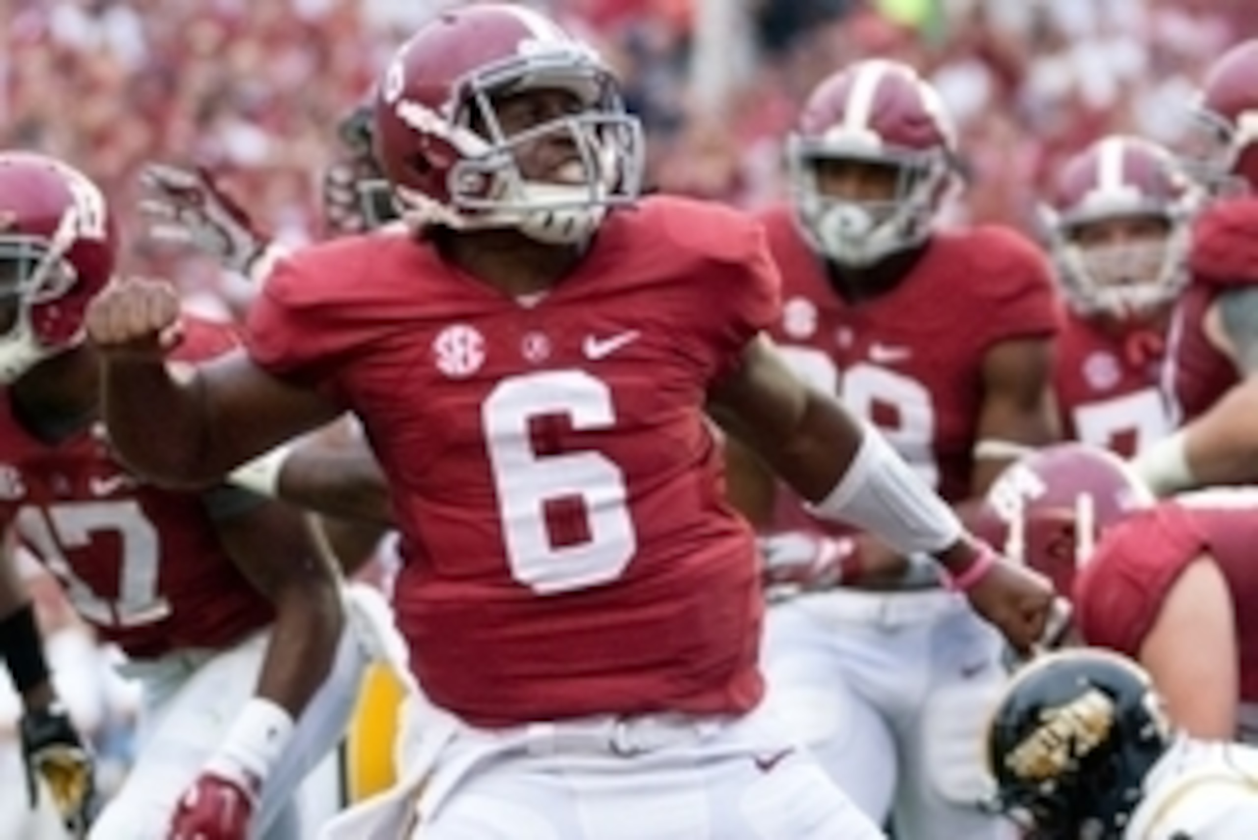 Sep 13, 2014; Tuscaloosa, AL, USA; Alabama Crimson Tide quarterback Blake Sims (6) reacts after scoring a  touchdown against Southern Miss Golden Eagles at Bryant-Denny Stadium. Mandatory Credit: Marvin Gentry-USA TODAY Sports