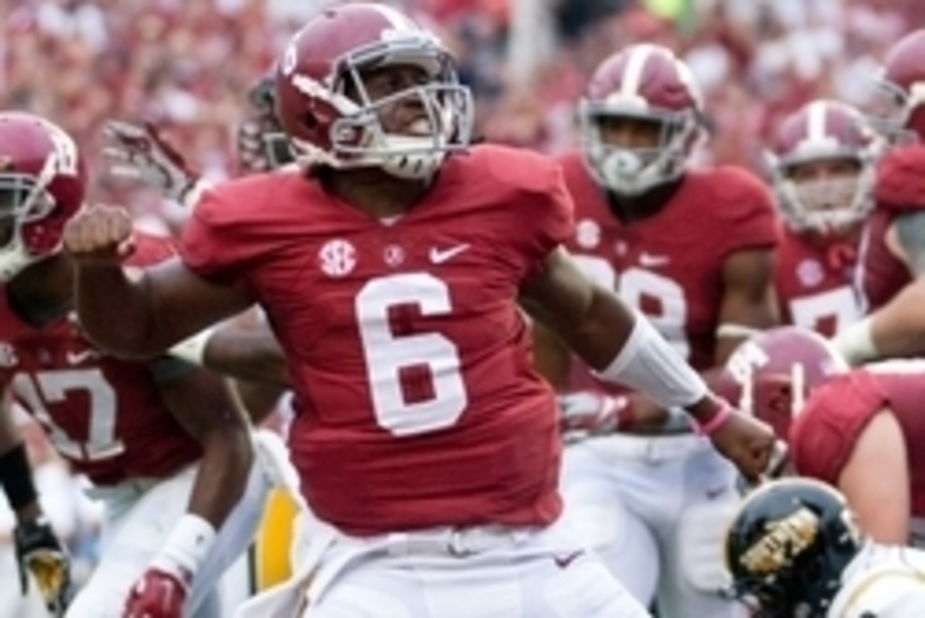 Sep 13, 2014; Tuscaloosa, AL, USA; Alabama Crimson Tide quarterback Blake Sims (6) reacts after scoring a touchdown against Southern Miss Golden Eagles at Bryant-Denny Stadium. Mandatory Credit: Marvin Gentry-USA TODAY Sports Sep 13, 2014; Tuscaloosa, AL, USA; Alabama Crimson Tide quarterback Blake Sims (6) reacts after scoring a touchdown against Southern Miss Golden Eagles at Bryant-Denny Stadium. Mandatory Credit: Marvin Gentry-USA TODAY Sports