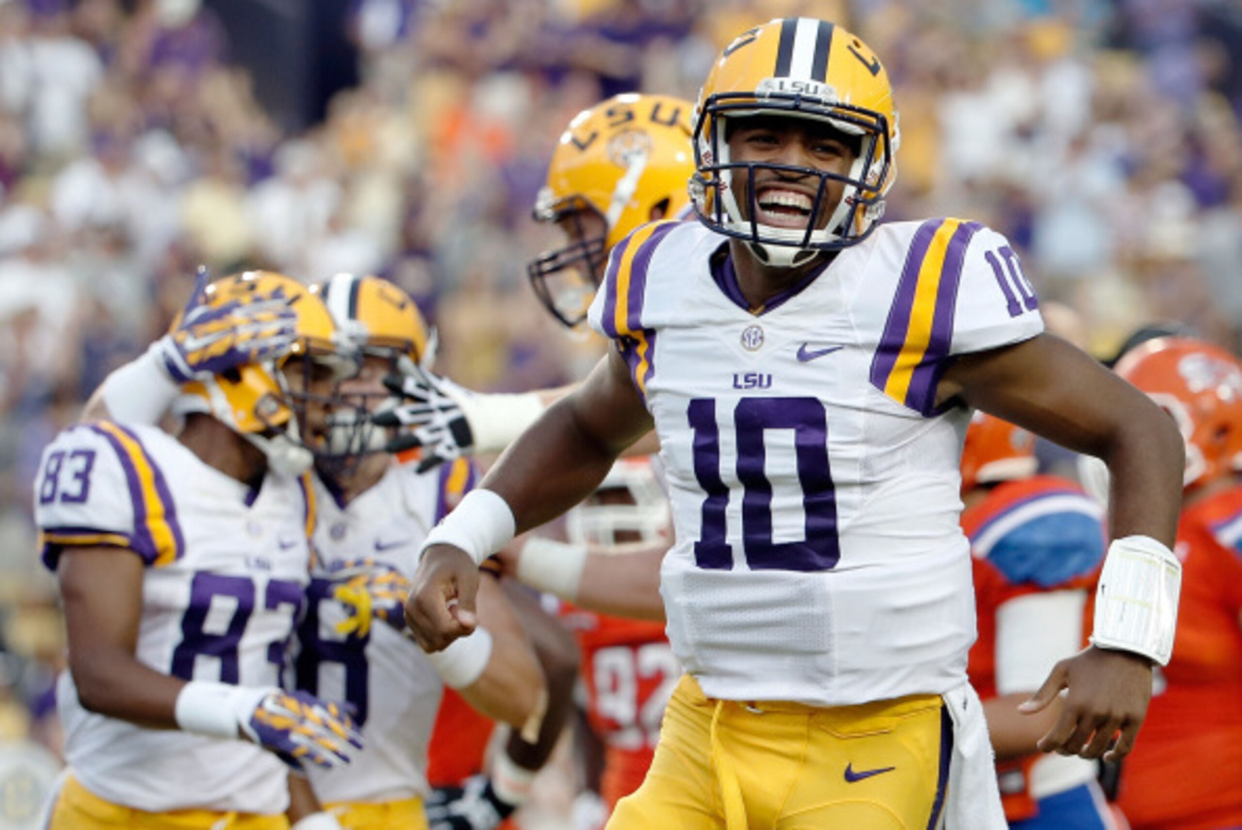 BATON ROUGE, LA - SEPTEMBER 06:  Anthony Jennings #10 of the LSU Tigers reacts to a touchdown during the first quarter against the Sam Houston State Bearkats at Tiger Stadium on September 6, 2014 in Baton Rouge, Louisiana.  (Photo by Stacy Revere/Getty Im