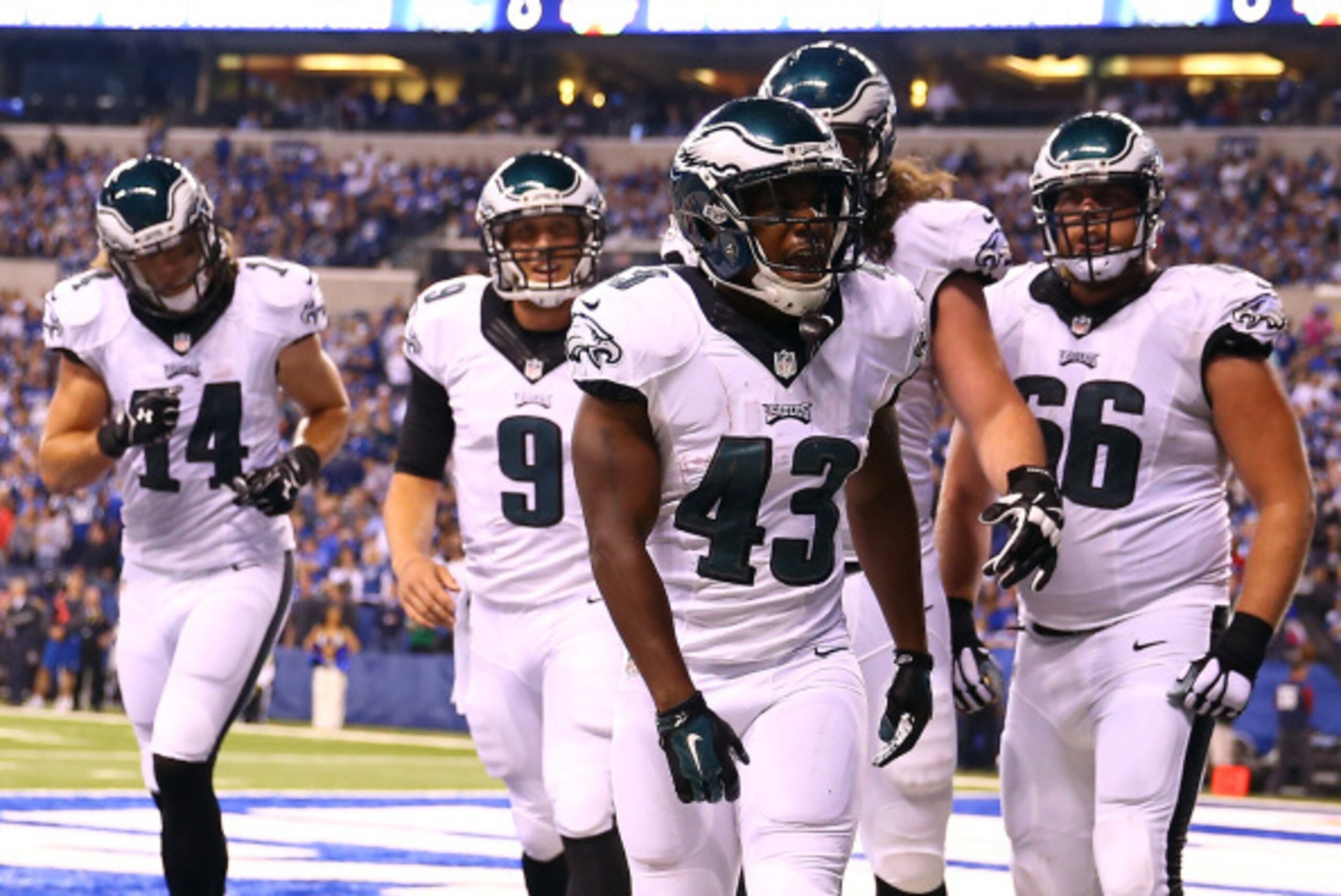 INDIANAPOLIS, IN - SEPTEMBER 15:  Running back Darren Sproles #43 of the Philadelphia Eagles celebrates a third quarter touchdown against the Indianapolis Colts during a game at Lucas Oil Stadium on September 15, 2014 in Indianapolis, Indiana.  (Photo by 