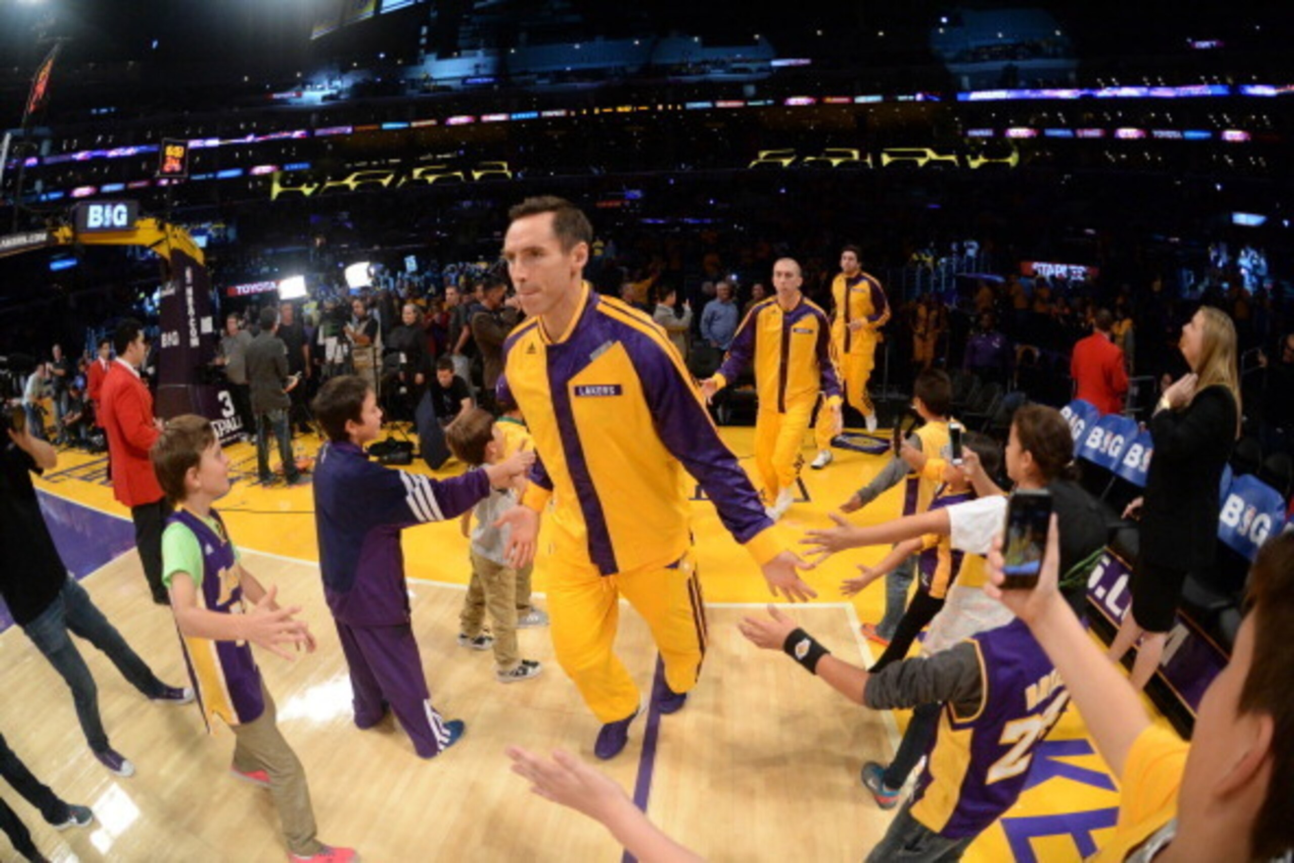 LOS ANGELES, CA - OCTOBER 29: Steve Nash #10 of the Los Angeles Lakers is introduced before the game against the Los Angeles Clippers at Staples Center on October 29, 2013 in Los Angeles, California. NOTE TO USER: User expressly acknowledges and agrees th