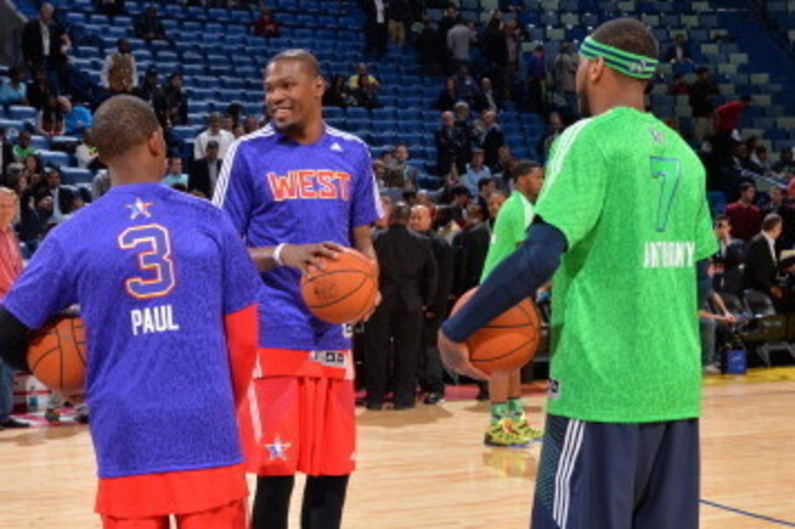 NEW ORLEANS, LA - FEBRUARY 16: Chris Paul #3, Kevin Durant #35 of the Western Conference talk to Carmelo Anthony #7 of the Eastern Conference before the 2014 NBA All-Star Game at Smoothie King Center on February 16, 2014 in New Orleans, Louisiana. NOTE TO