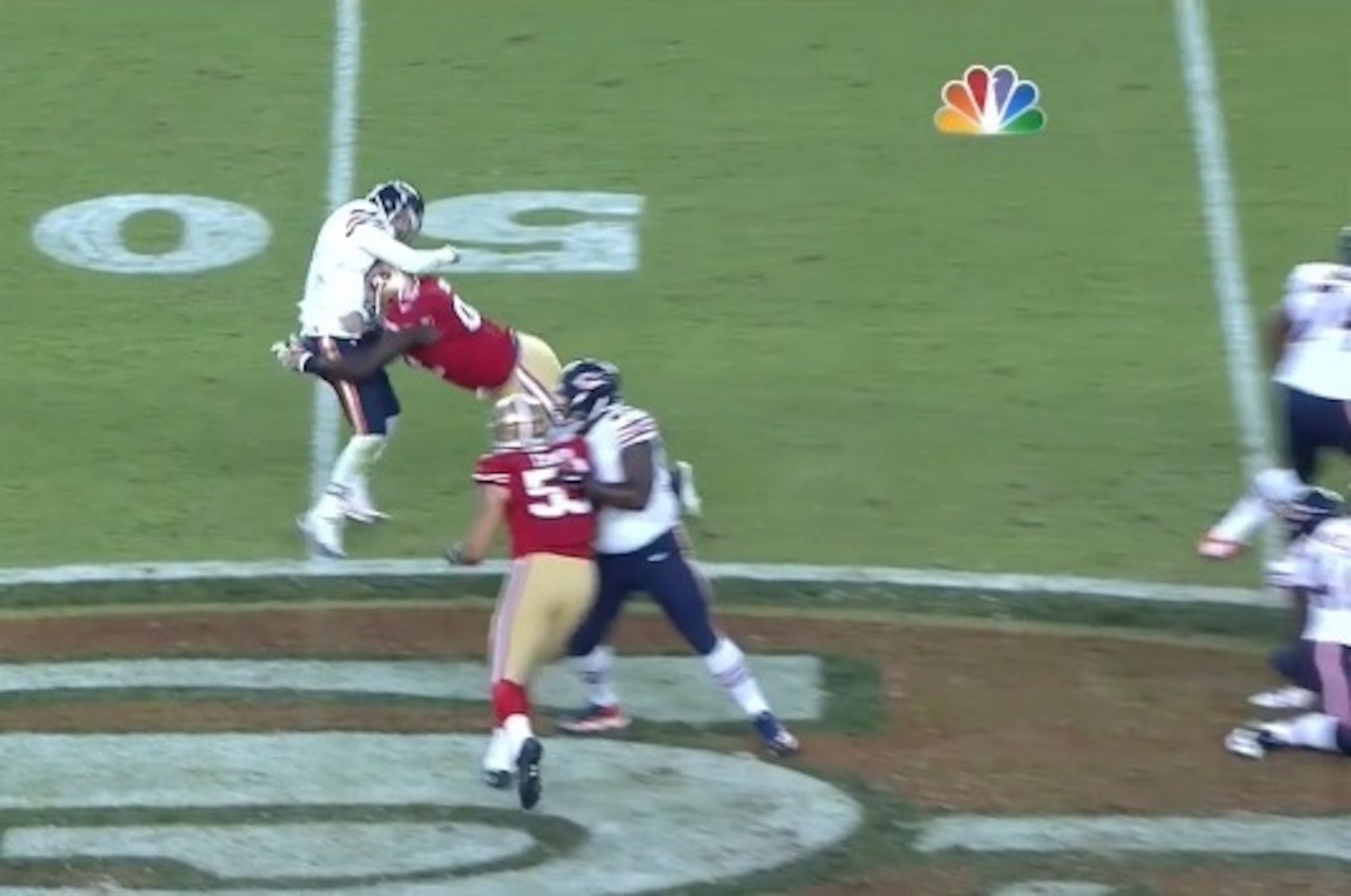 Quinton Dial's illegal hit on Jay Cutler was one of many penalties that thwarted San Francisco's chances.