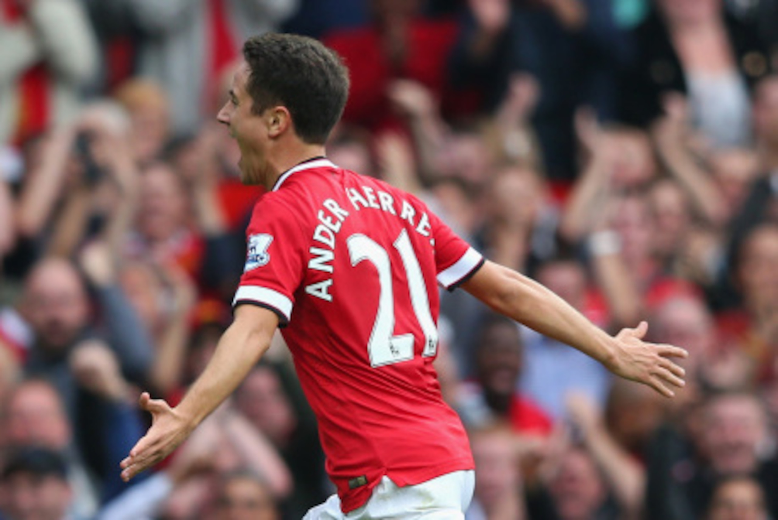 MANCHESTER, ENGLAND - SEPTEMBER 14:  Ander Herrera of Manchester United celebrates scoring the second goal during the Barclays Premier League match between Manchester United and Queens Park Rangers at Old Trafford on September 14, 2014 in Manchester, Engl