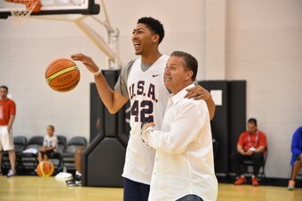 EAST RUTHERFORD, NJ - AUGUST 19: Anthony Davis of the USA Basketball Men's National Team talks with University of Kentucky Head Coach John Calipari during practice at the PNY Center on August 19, 2014 in East Rutherford, New Jersey. NOTE TO USER: User exp