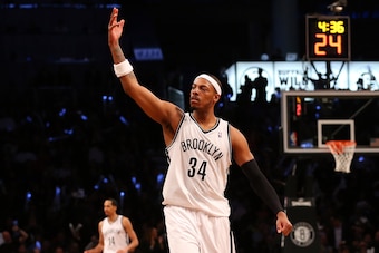Apr 25, 2014; Brooklyn, NY, USA; Brooklyn Nets forward Paul Pierce (34) reacts during the fourth quarter against the Toronto Raptors in game three of the first round of the 2014 NBA Playoffs at Barclays Center. Brooklyn Nets won 102-98.  Mandatory Credit: