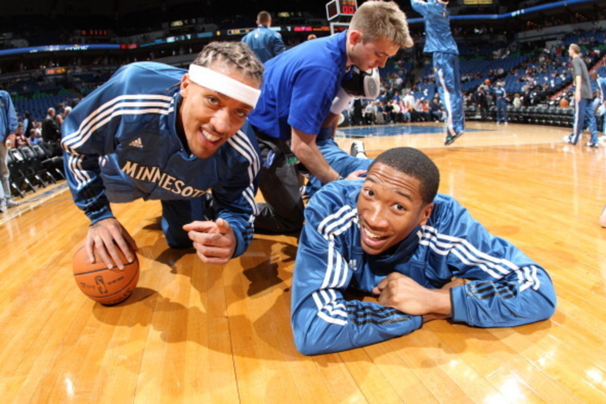 MINNEAPOLIS - NOVEMBER 5: Michael Beasley #8 and Wesley Johnson #4 of the Minnesota Timberwolves smile for the camera prior to the game against the Atlanta Hawks on November 5, 2010 at Target Center in Minneapolis, Minnesota.  NOTE TO USER: User expressly