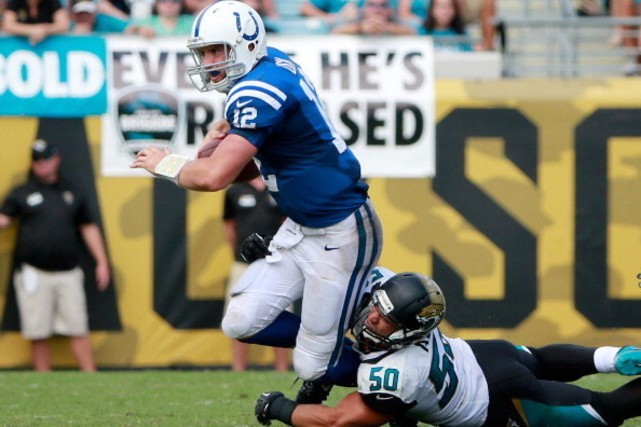 JACKSONVILLE, FL - SEPTEMBER 29:  Russell Allen #50 of the Jacksonville Jaguars sacks  Andrew Luck #12 of the Indianapolis Colts during the game at EverBank Field on September 29, 2013 in Jacksonville, Florida.  (Photo by Sam Greenwood/Getty Images)