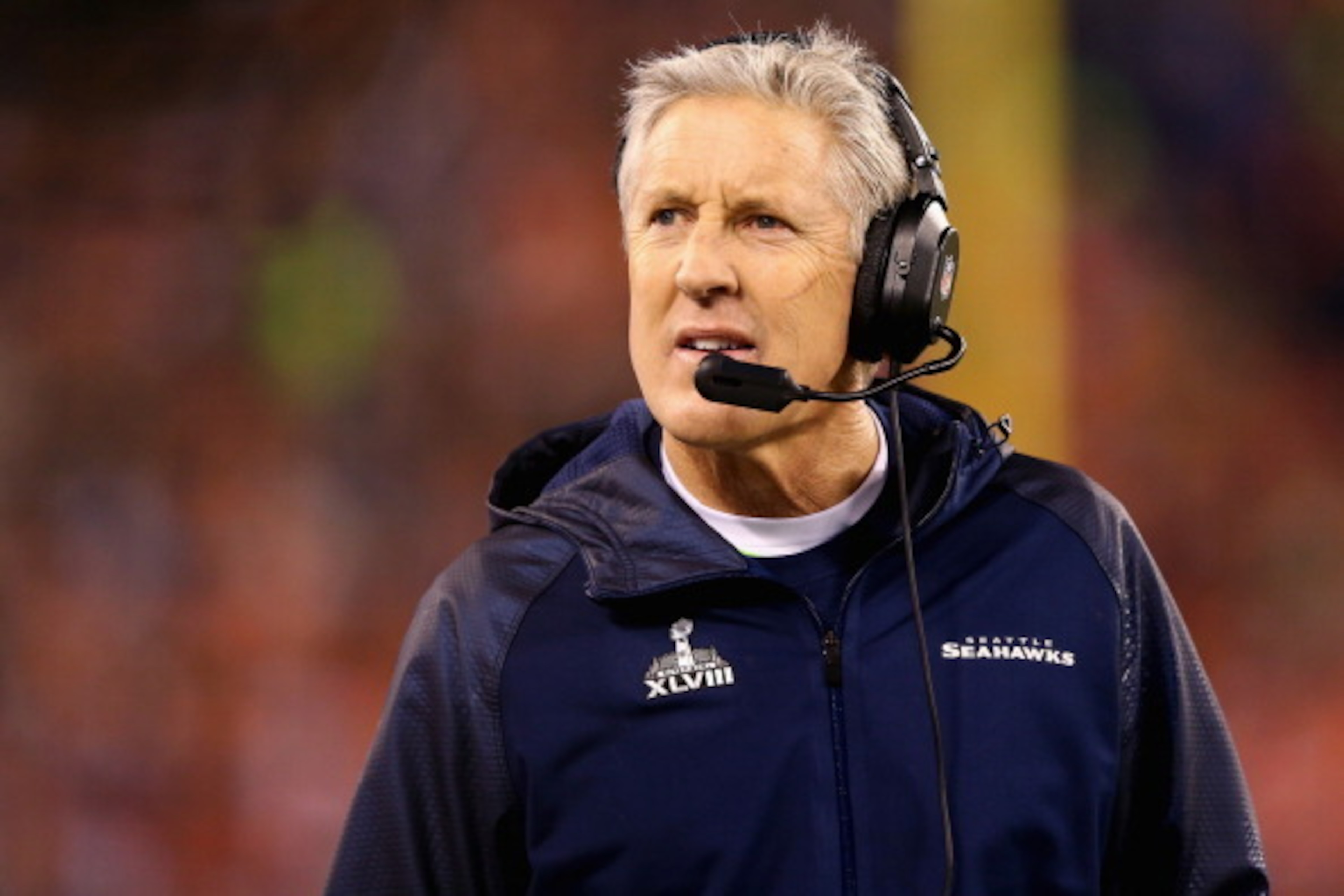 EAST RUTHERFORD, NJ - FEBRUARY 02: Head coach Pete Carroll of the Seattle Seahawks looks on prior to Super Bowl XLVIII against the Denver Broncos at MetLife Stadium on February 2, 2014 in East Rutherford, New Jersey. (Photo by Elsa/Getty Images) EAST RUTHERFORD, NJ - FEBRUARY 02: Head coach Pete Carroll of the Seattle Seahawks looks on prior to Super Bowl XLVIII against the Denver Broncos at MetLife Stadium on February 2, 2014 in East Rutherford, New Jersey. (Photo by Elsa/Getty Images)