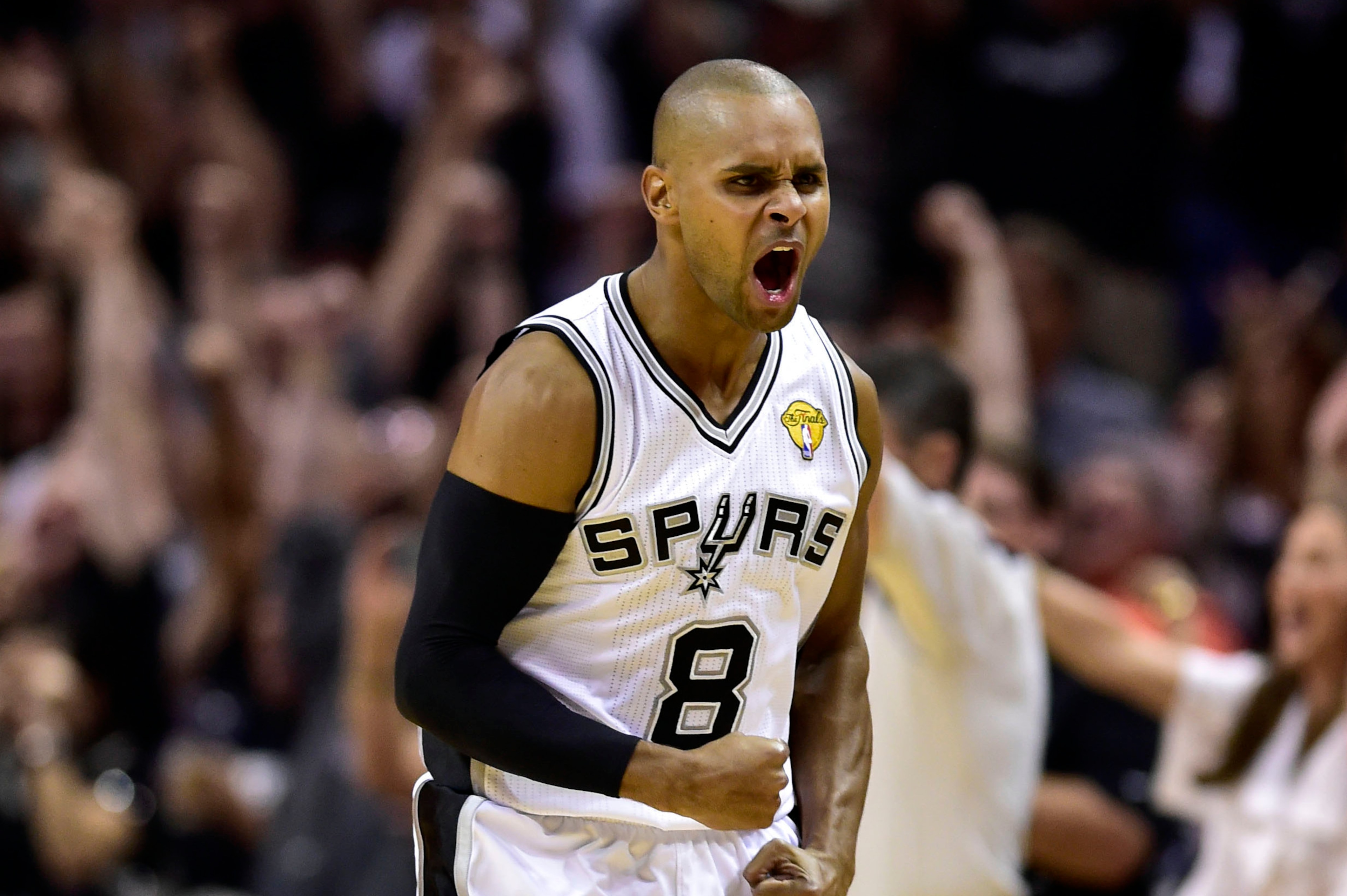 Jun 15, 2014; San Antonio, TX, USA; San Antonio Spurs guard Patty Mills (8) reacts to a basket during the third quarter against the Miami Heat in game five of the 2014 NBA Finals at AT&T Center. Mandatory Credit: Bob Donnan-USA TODAY Sports Jun 15, 2014; San Antonio, TX, USA; San Antonio Spurs guard Patty Mills (8) reacts to a basket during the third quarter against the Miami Heat in game five of the 2014 NBA Finals at AT&T Center. Mandatory Credit: Bob Donnan-USA TODAY Sports