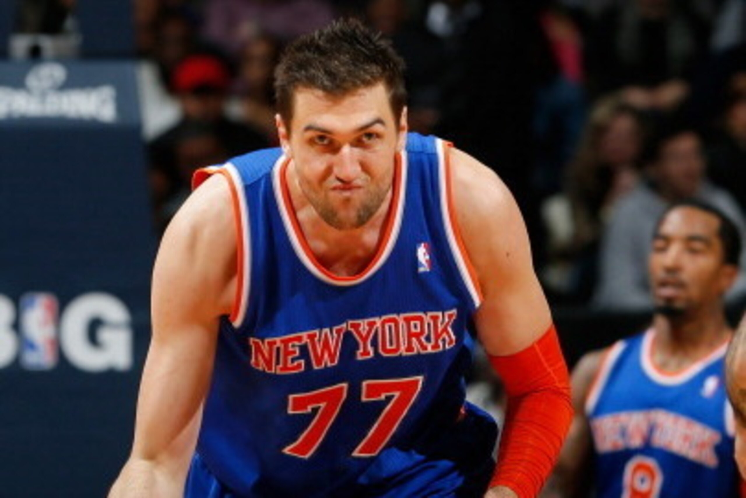 ATLANTA, GA - NOVEMBER 13: Andrea Bargnani #77 of the New York Knicks reacts after hitting a three-point basket against Pero Antic #6 of the Atlanta Hawks at Philips Arena on November 13, 2013 in Atlanta, Georgia. NOTE TO USER: User expressly acknowledg ATLANTA, GA - NOVEMBER 13: Andrea Bargnani #77 of the New York Knicks reacts after hitting a three-point basket against Pero Antic #6 of the Atlanta Hawks at Philips Arena on November 13, 2013 in Atlanta, Georgia. NOTE TO USER: User expressly acknowledg