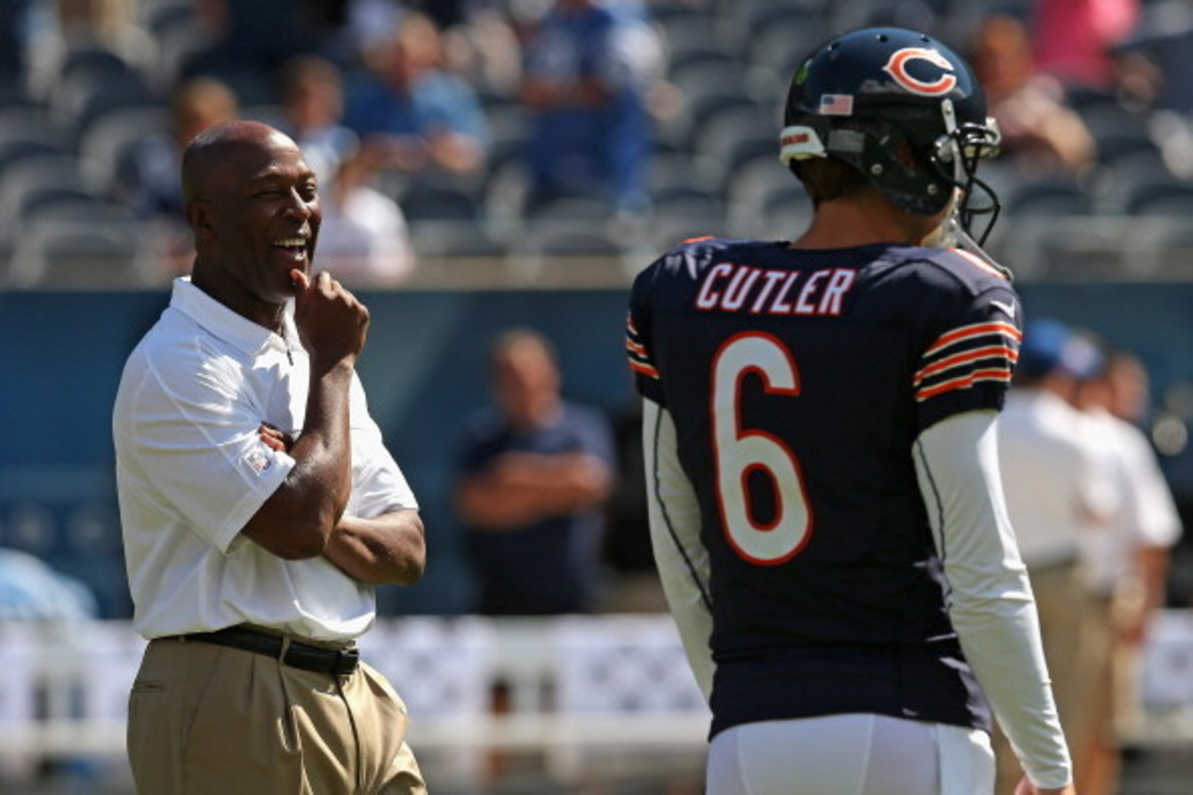 CHICAGO, IL - SEPTEMBER 09: Head coach Lovie Smith of the Chicago Bears shares a laugh with Jay Cutler #6 during warm-ups before the 2012 NFL season opener against the Indianapolis Colts at Soldier Field on September 9, 2012 in Chicago, Illinois. (Photo b CHICAGO, IL - SEPTEMBER 09: Head coach Lovie Smith of the Chicago Bears shares a laugh with Jay Cutler #6 during warm-ups before the 2012 NFL season opener against the Indianapolis Colts at Soldier Field on September 9, 2012 in Chicago, Illinois. (Photo b