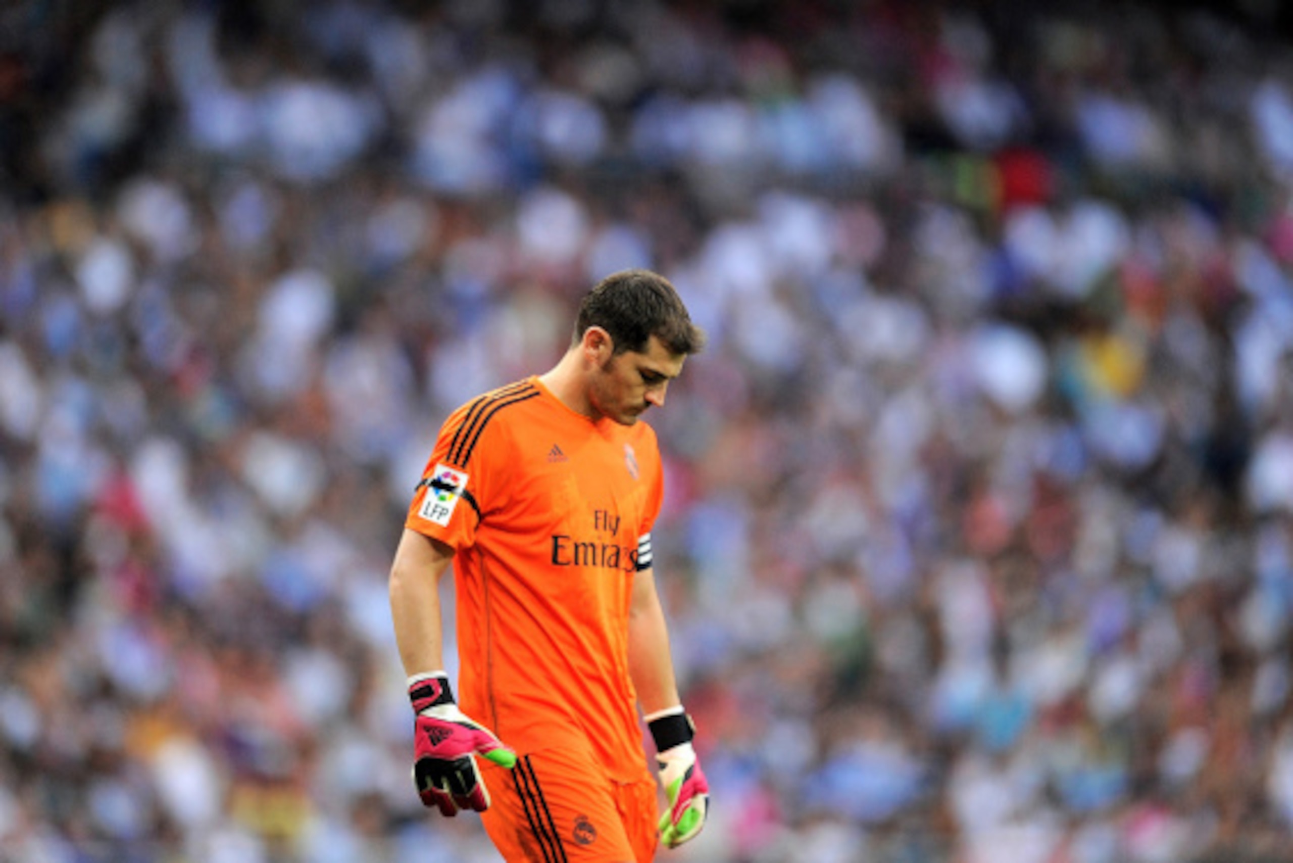 MADRID, SPAIN - SEPTEMBER 13:  Iker Casillas of Real Madrid looks down during the La Liga match between Real Madrid and Atletico de Madrid at Estadio Santiago Bernabeu on September 13, 2014 in Madrid, Spain.  (Photo by Denis Doyle/Getty Images)