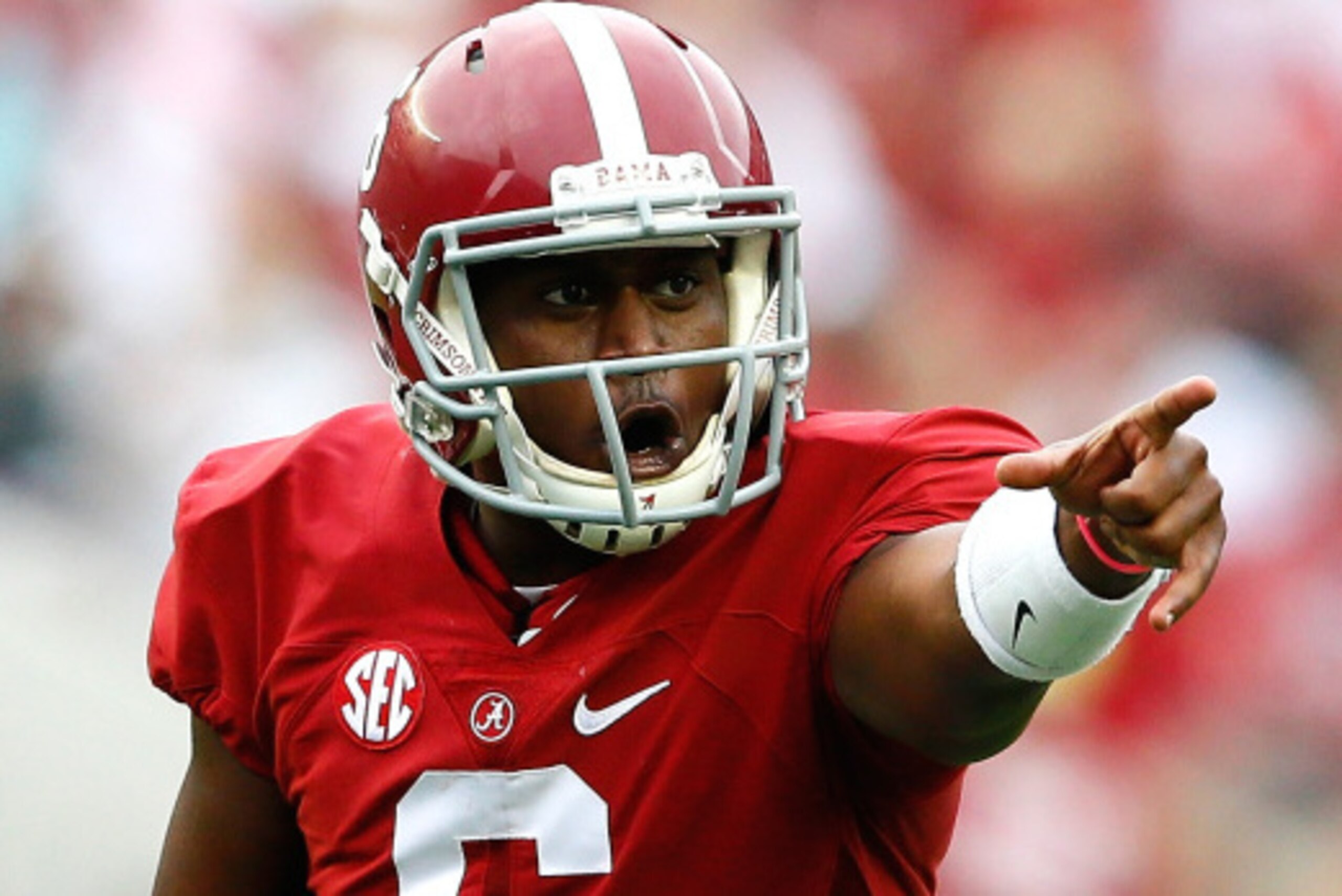 TUSCALOOSA, AL - SEPTEMBER 13:  Blake Sims #6 of the Alabama Crimson Tide yells at the line-of-scrimmage against the Southern Miss Golden Eagles at Bryant-Denny Stadium on September 13, 2014 in Tuscaloosa, Alabama.  (Photo by Kevin C. Cox/Getty Images)